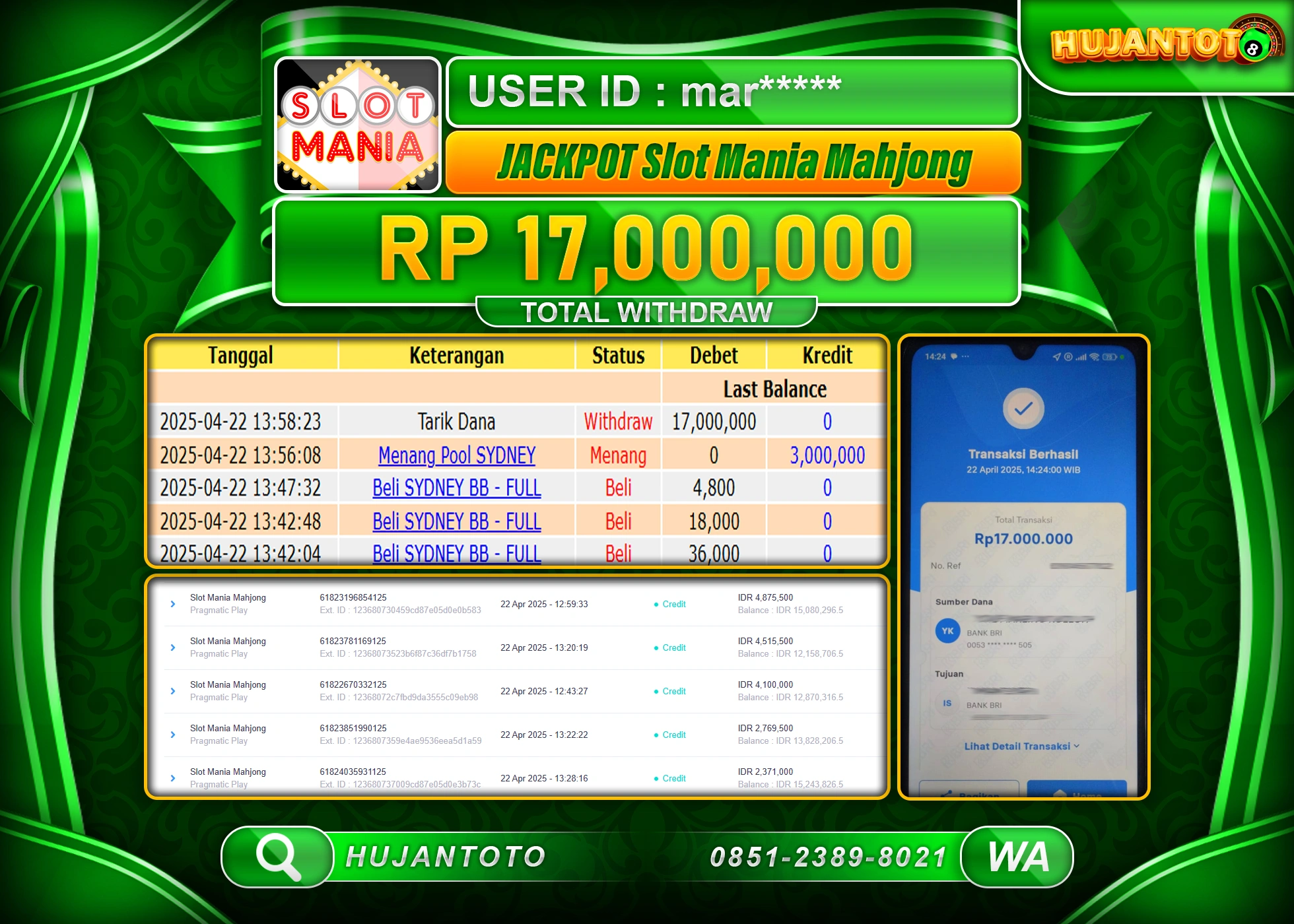 HUJANTOTO - BUKTI JACKPOT MENANG SLOT SLOT MANIA MAHJONG Rp,17,000,000 - TERBAYAR LUNAS