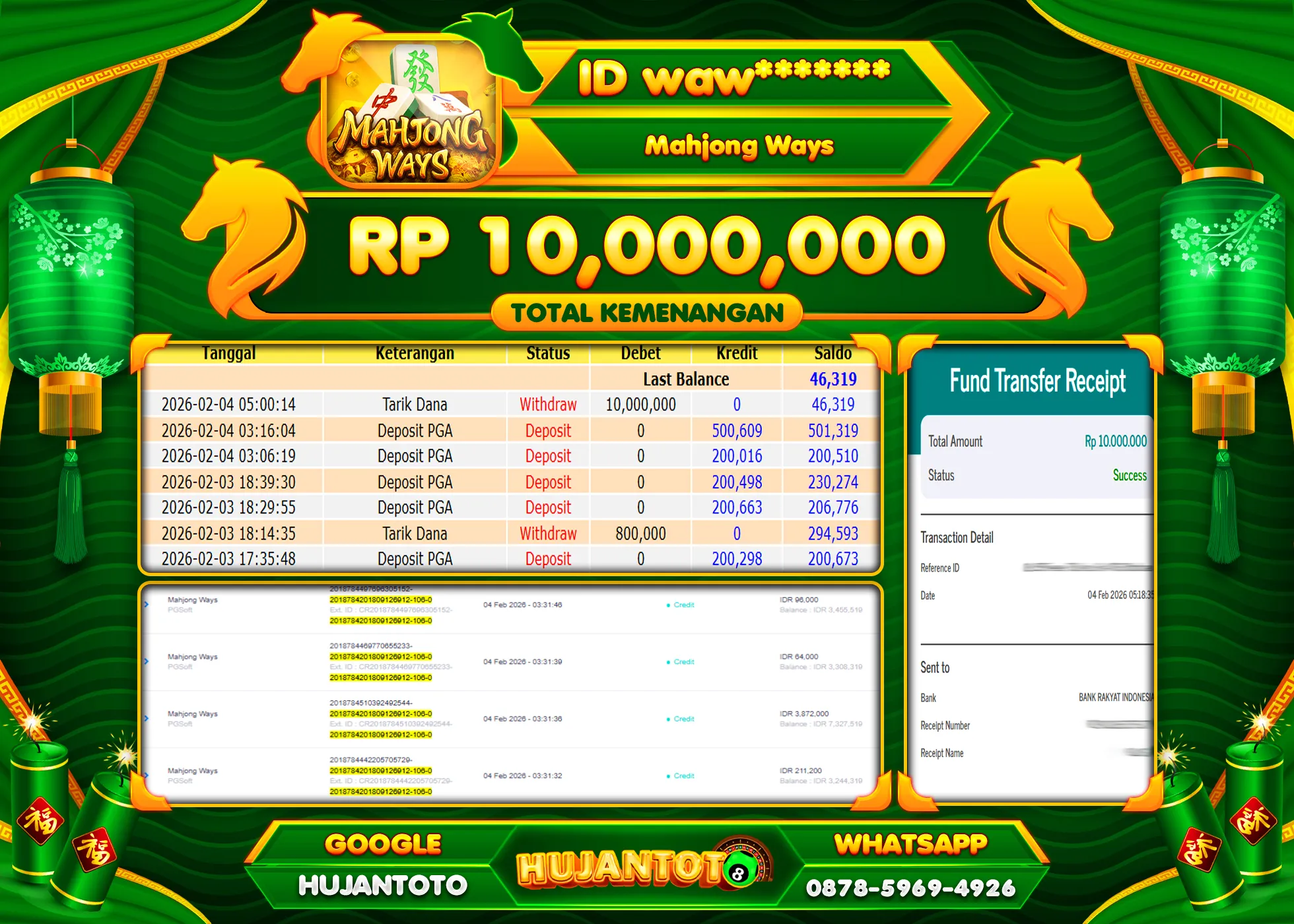HUJANTOTO - BUKTI JACKPOT MENANG SLOT MAHJONG WAYS  Rp.10,000,000 - TERBAYAR LUNAS