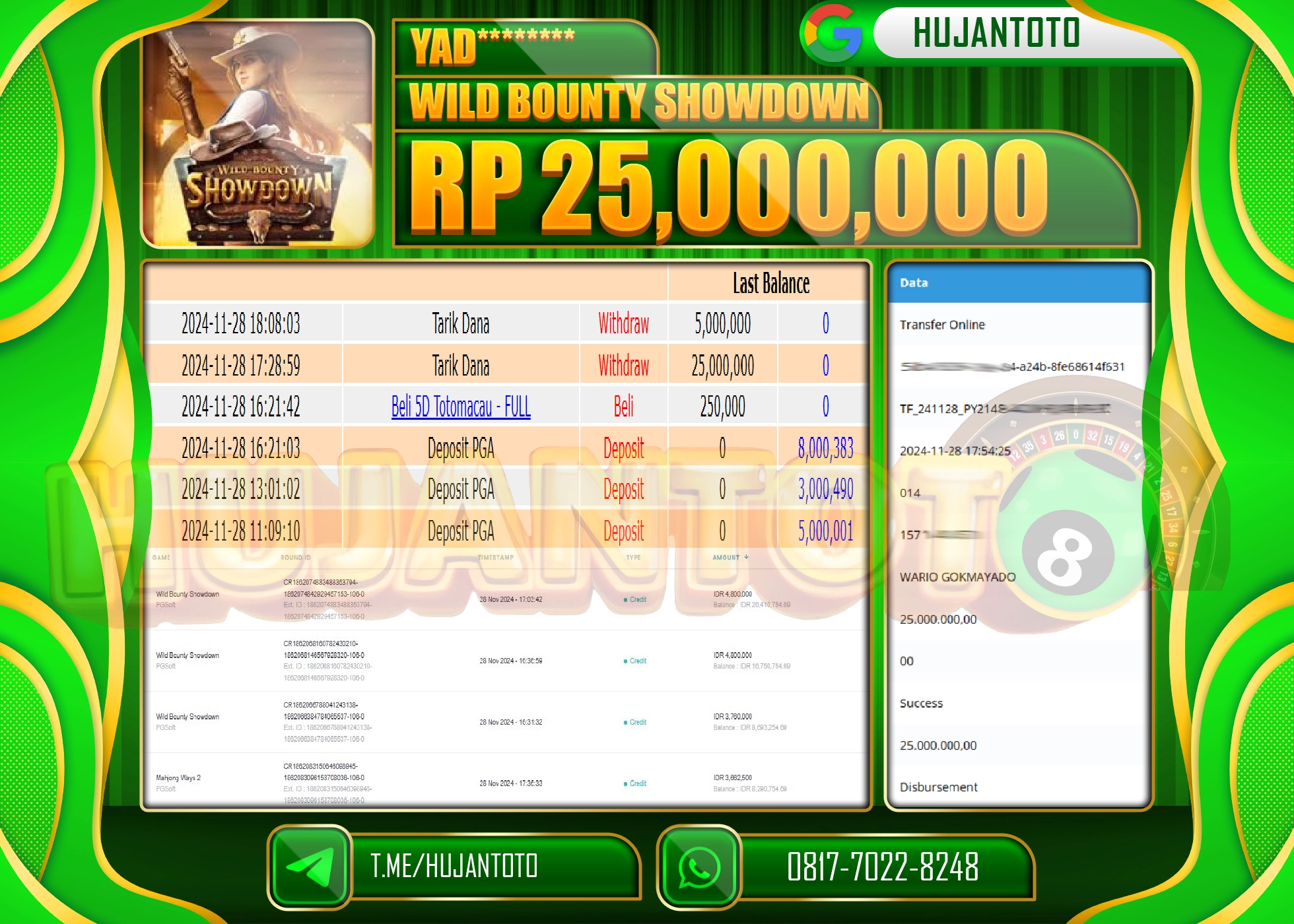 HUJANTOTO KEMENANGAN JACKPOT  BESAR DI RAIH GAME SLOT WILD BOUNTY SHOWDOWN - 25,000,000 - LUNAS
