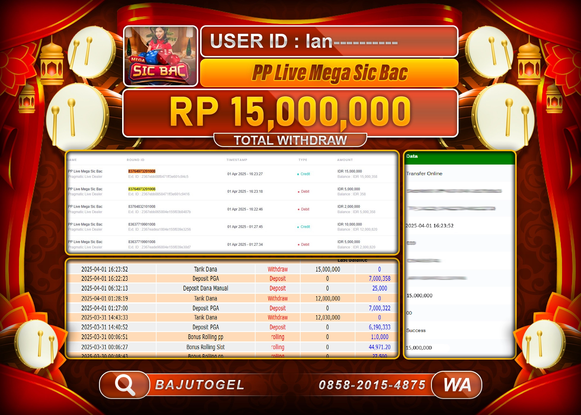 BAJUTOGEL KEMENANGAN LIVE MEGA SIC BAC Rp.15.000.000 LUNAS
