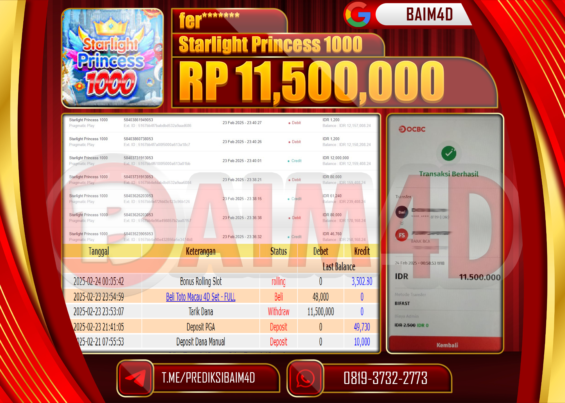 BAIM4D MENANG STARLIGHT PRINCESS 1000 GAMES Rp.11.500,000.