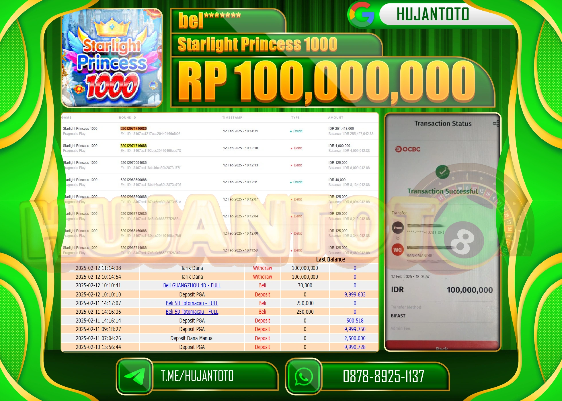 HUJANTOTO - BUKTI JACKPOT MENANG SLOT STARLIGHT PRINCESS 1000 Rp,100,000,000 - TERBAYAR LUNAS
