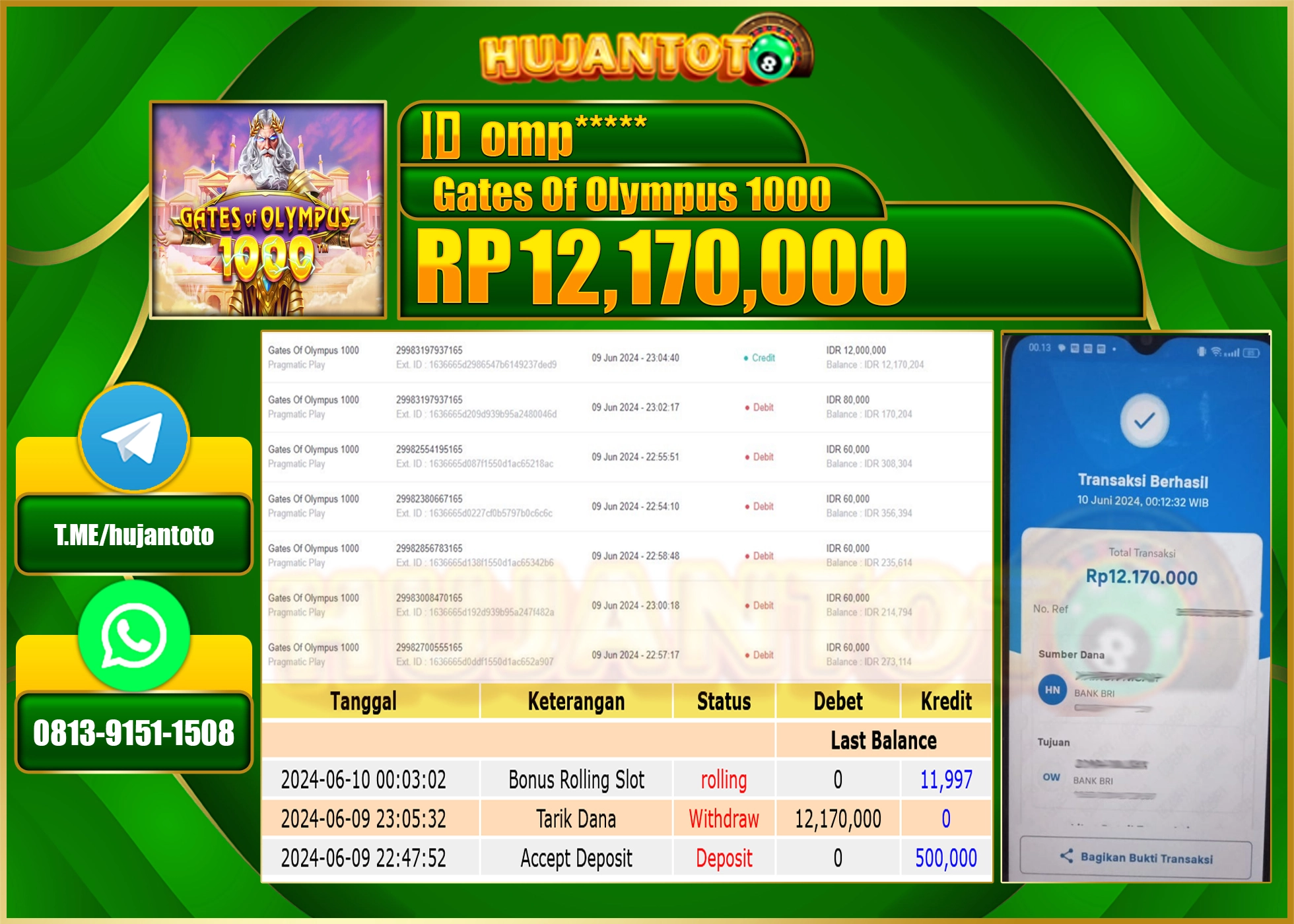 HUJANTOTO MENANG DI GATES OF OLYMPUS 1000 12.170.000 - LUNAS 