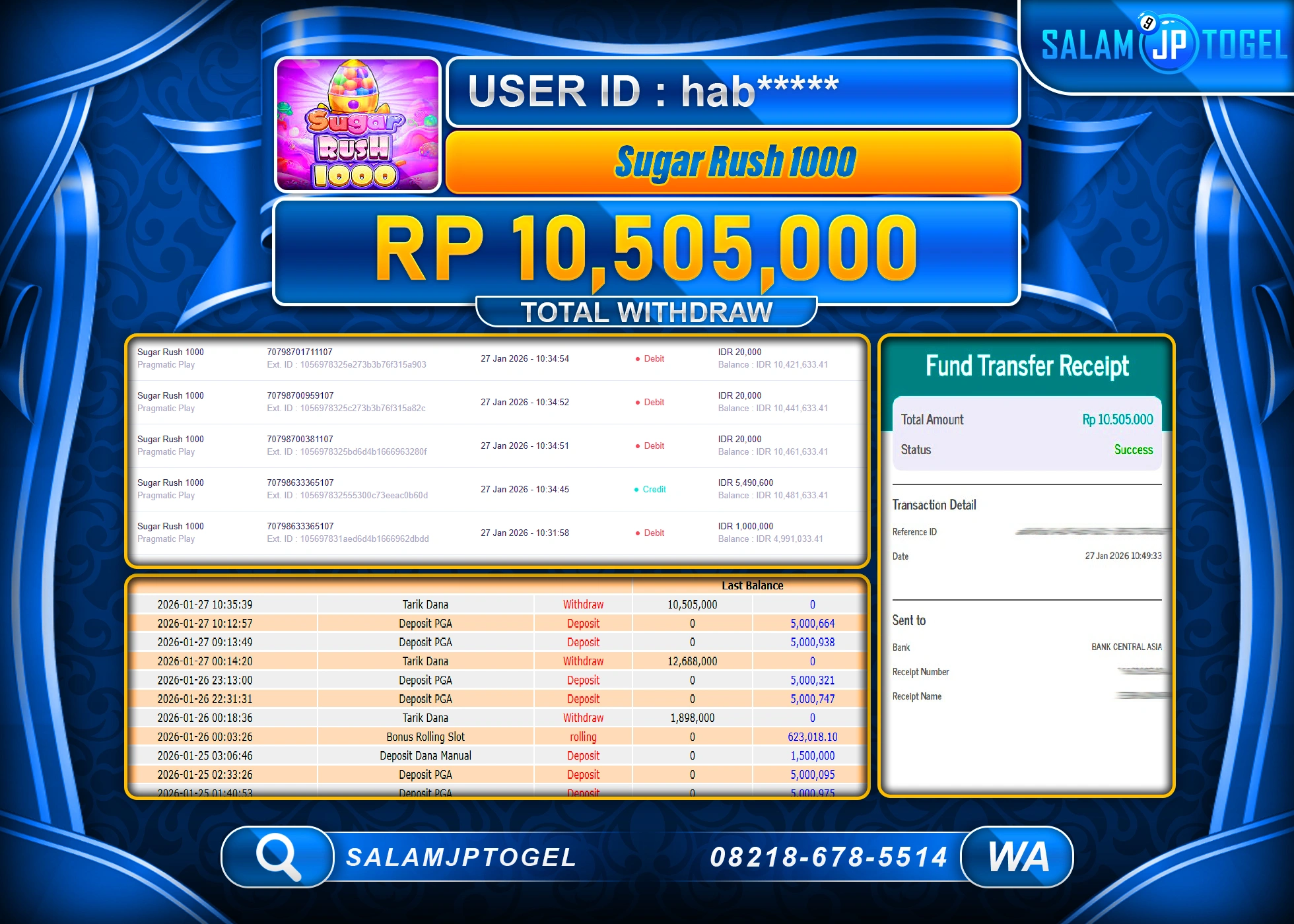 SALAMJPTOGEL JACKPOT SUGAR RUSH 1000 Rp.10,505,000 - LUNAS