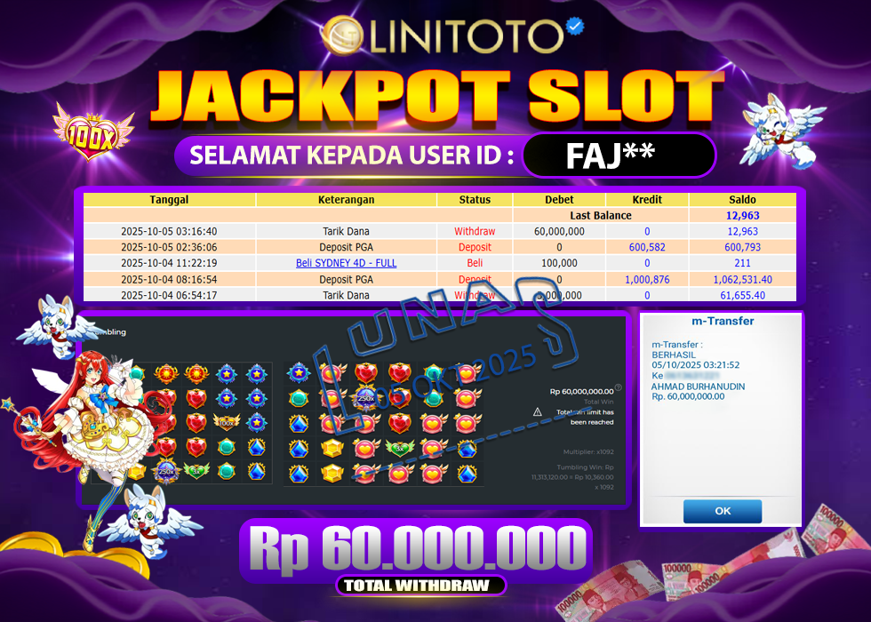 LINITOTO JACKPOT SLOT Starlight Princess 1000 Rp.60.000.000- LUNAS