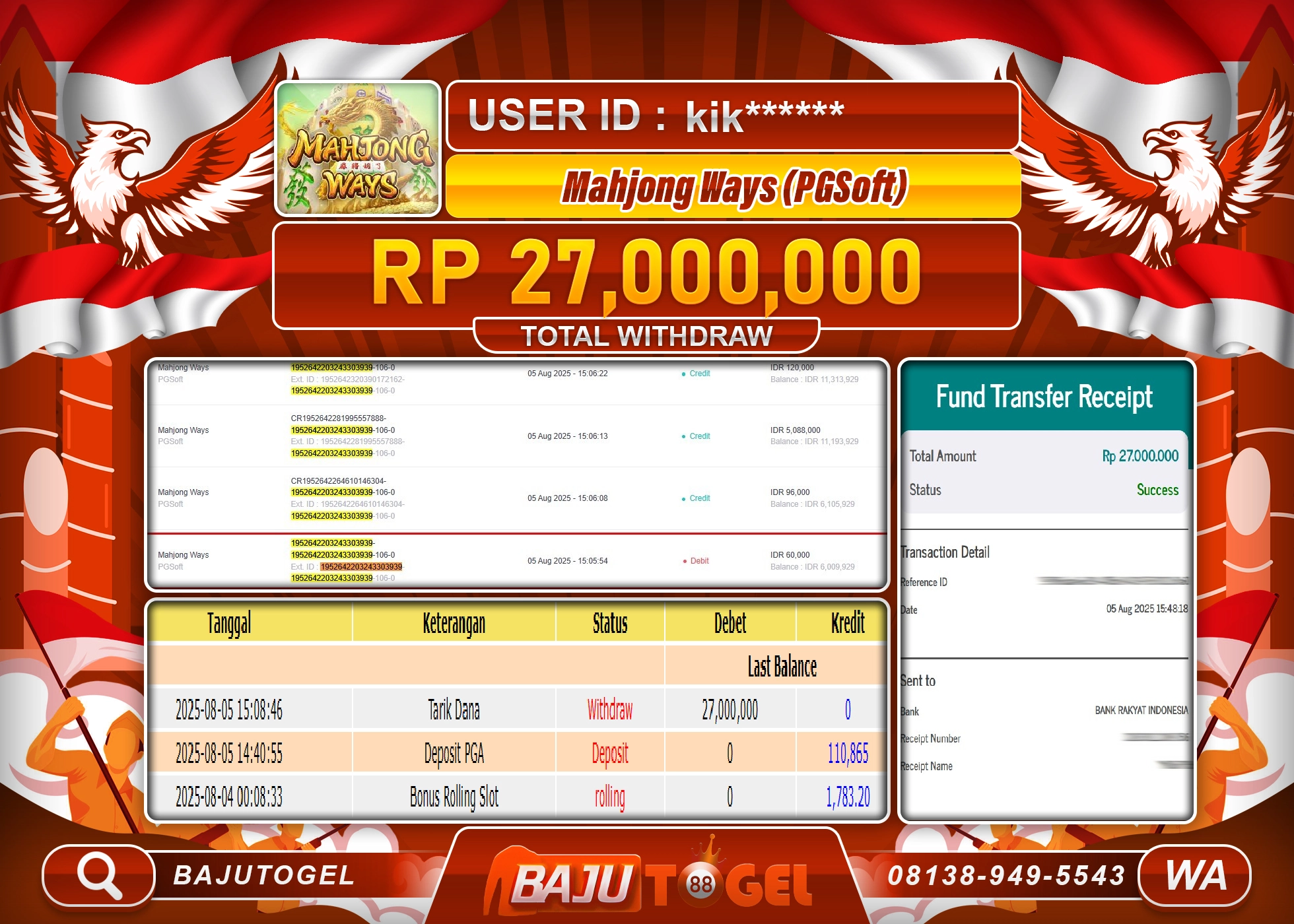 BAJUTOGEL KEMENANGAN DI PGSOFT MAHJONG WAYS Rp.27.000.000 LUNAS