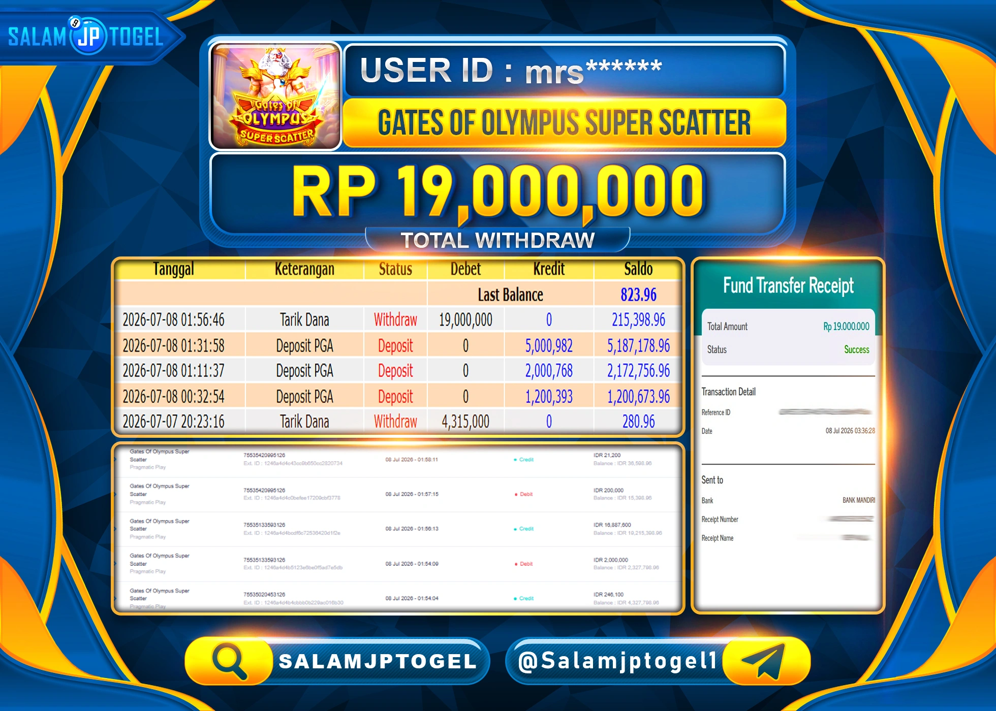 SALAMJPTOGEL JACKPOT MENANG SLOT GATES OF OLYMPUS SUPER SCATTER Rp.19,000,000 - LUNAS