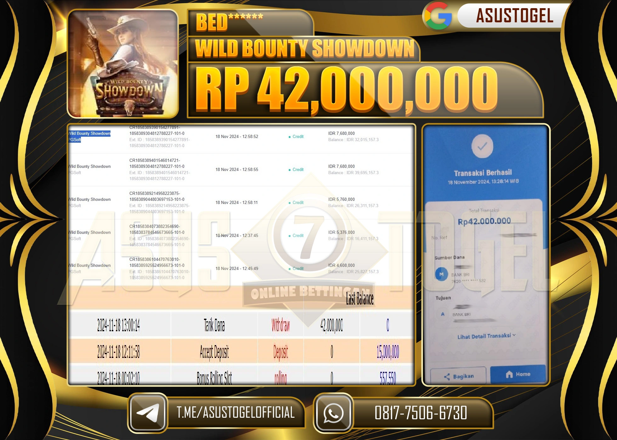 ASUSTOGEL KEMENANGAN GAMES  WILD BOUNTY SHOWDOWN SEBESAR 42,000,000- RUPIAH LUNAS