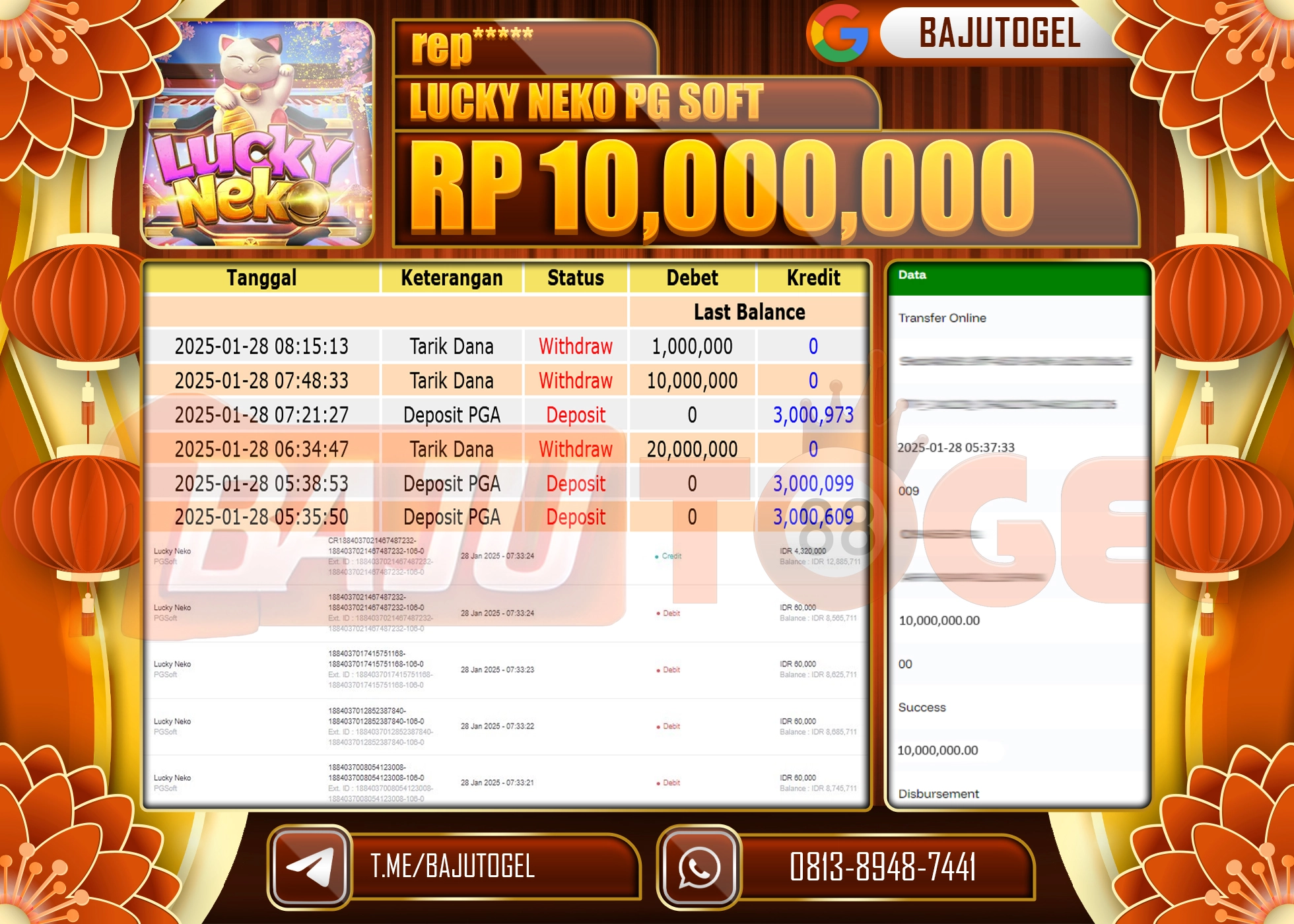 BAJUTOGEL KEMENANGAN LUCKY NEGO PG SOFT Rp.10.000.000 LUNAS