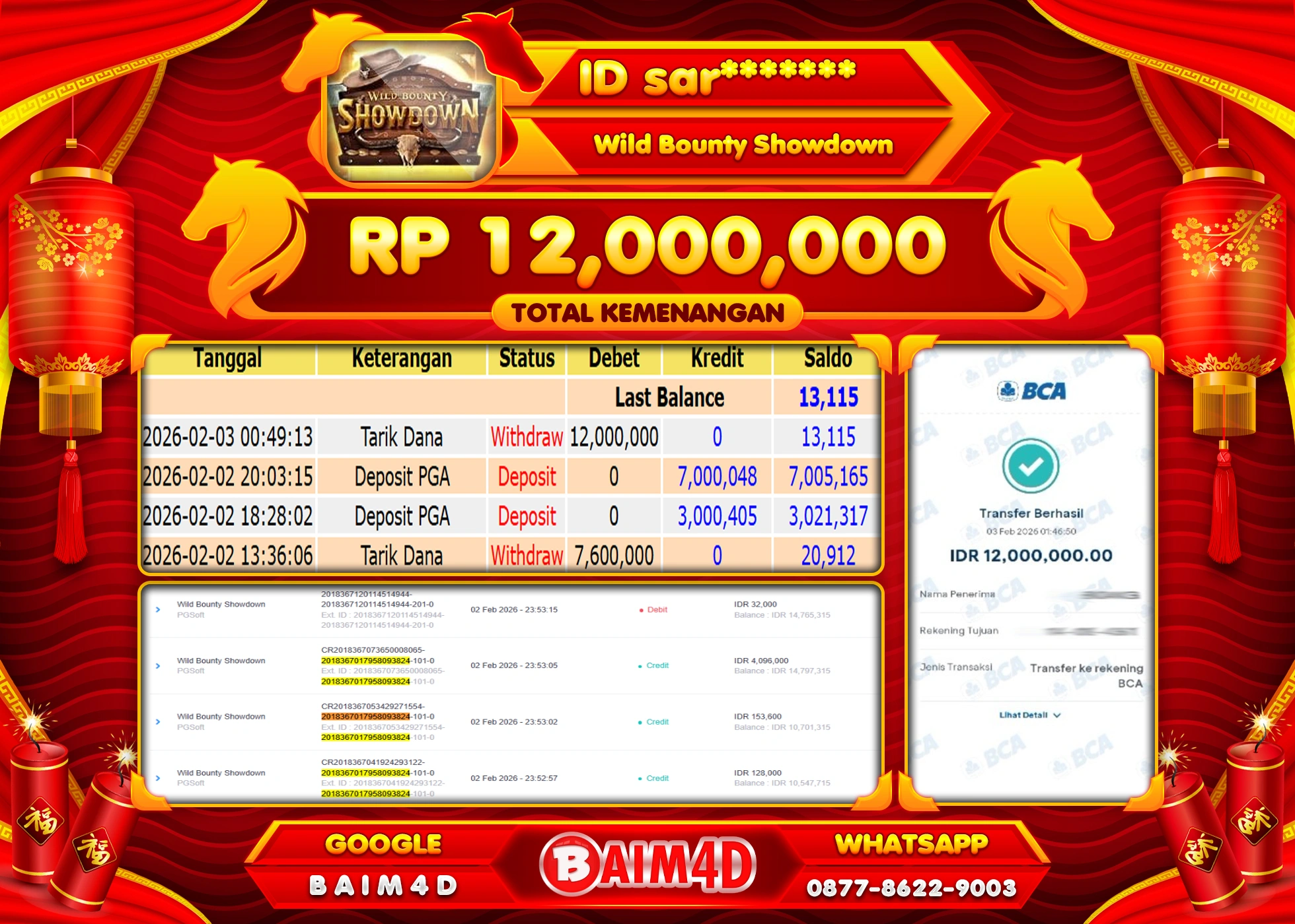 BAIM4D JACKPOT SLOT WILD BOUNTY SHOWDOWN Rp.12,000,000 - LUNAS