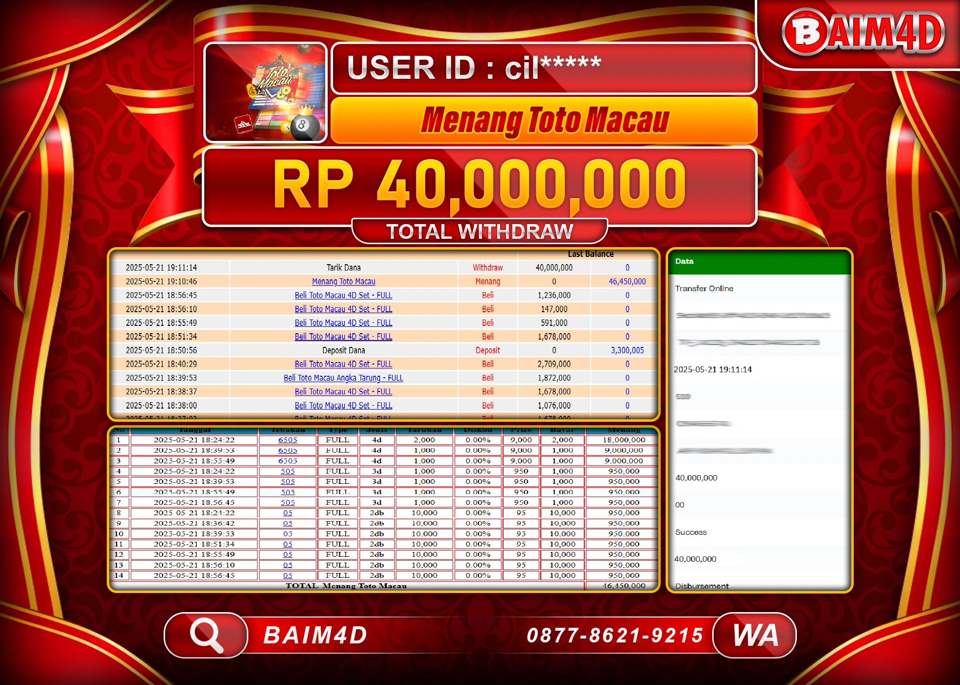 BAIM4D MENANG JACKPOT TOGEL TOTO MACAU 4D Rp40,000,000 - LUNAS