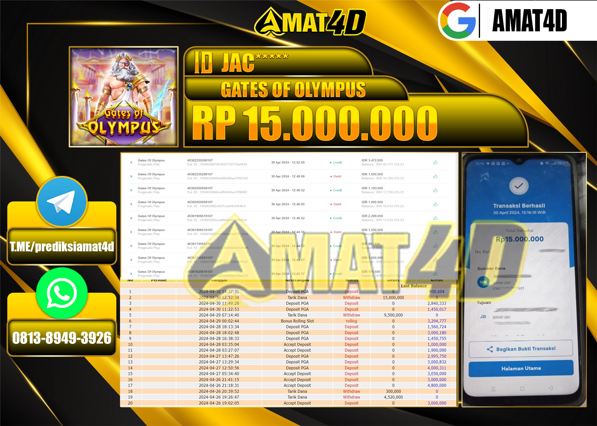 AMAT4D JACKPOT SLOT GATES OF OLYMPUS Rp.15.000.000 BERHASIL DI BAYAR LUNAS