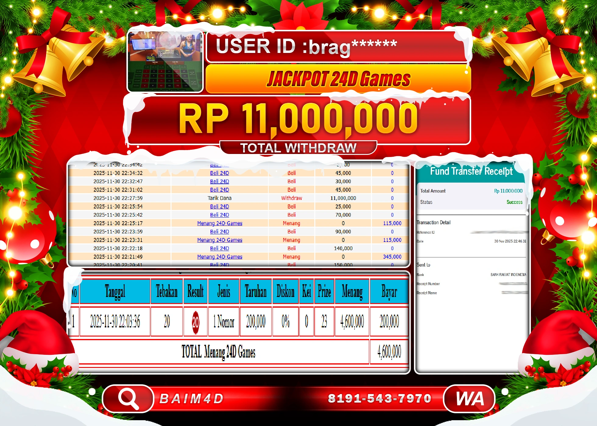 BAIM4D JACKPOT LIVE GAMES 24D GAMES  Rp.11,000,000 - LUNAS