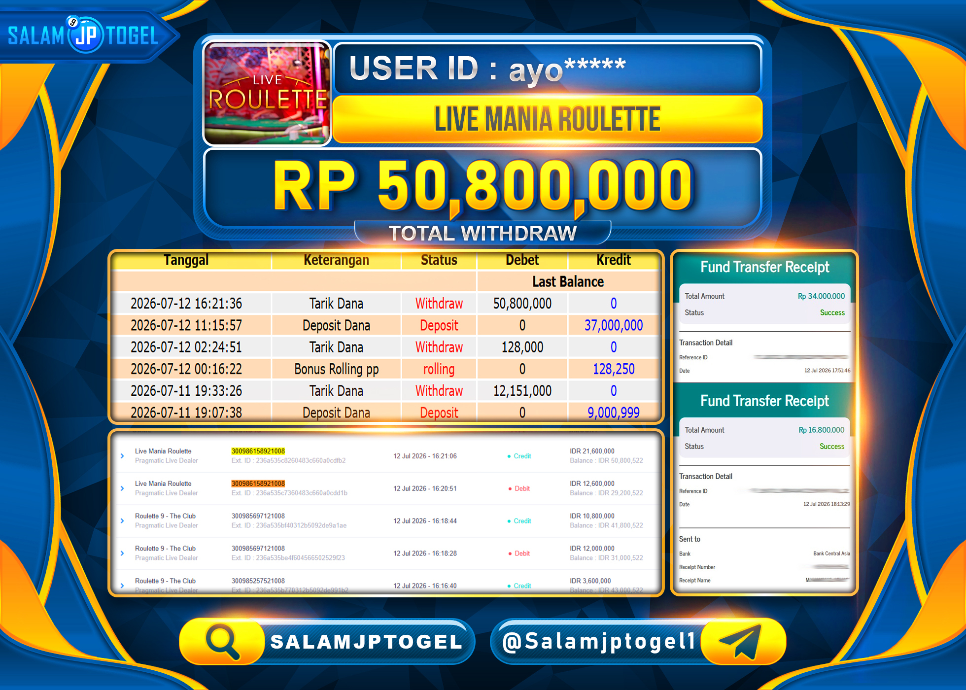 SALAMJPTOGEL JACKPOT MENANG Live Casino Mania Roulette Rp.50,800,000 - LUNAS