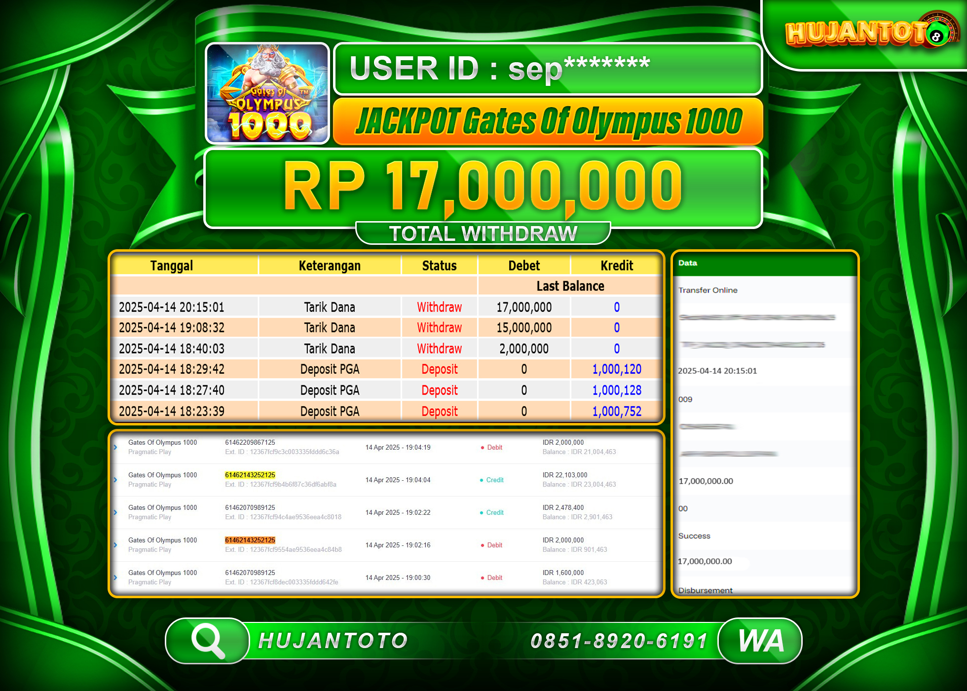 HUJANTOTO - BUKTI JACKPOT MENANG SLOT GATES OF OLYMPUS 1000 Rp,17,000,000 - TERBAYAR LUNAS