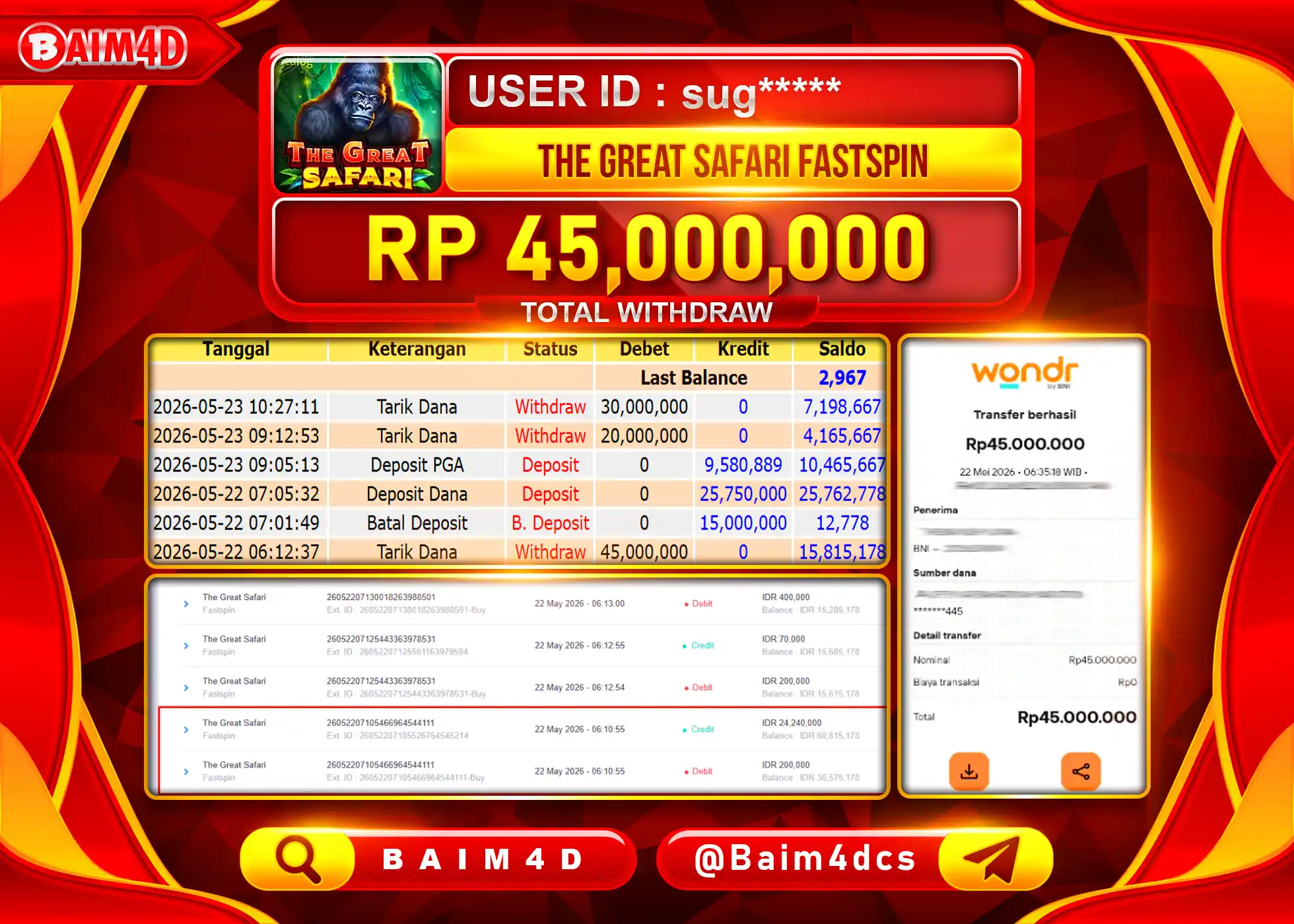 BAIM4D JACKPOT THE GREAT SAFARI FASTSPIN Rp.45,000,000 - LUNAS