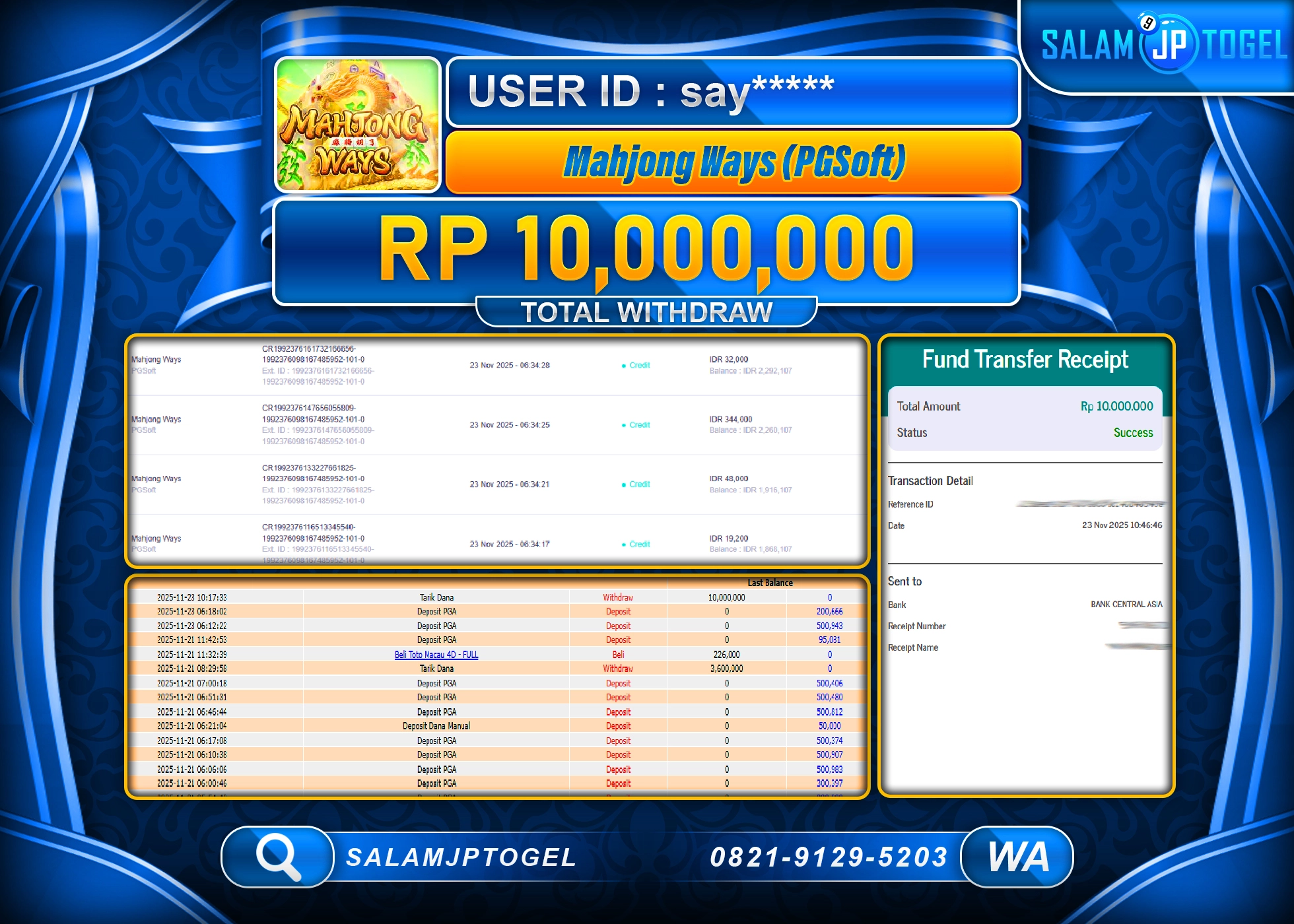 SALAMJPTOGEL MENANG JACKPOT MAHJONG WAYS  Rp.10,000,000  - LUNAS