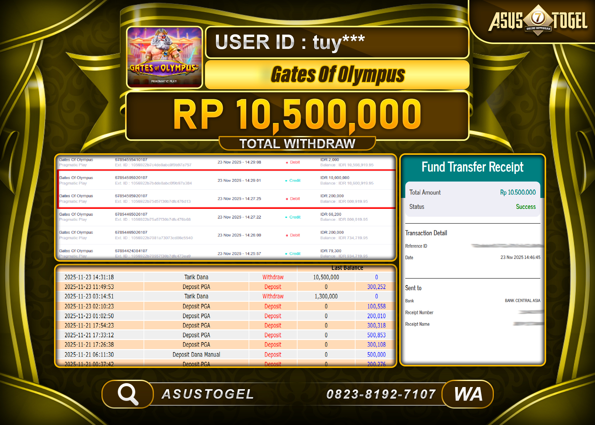 ASUSTOGEL KEMENANGAN DI SLOT GATES OF OLYMPUS  SEBESAR 10,500,000 - RUPIAH LUNAS