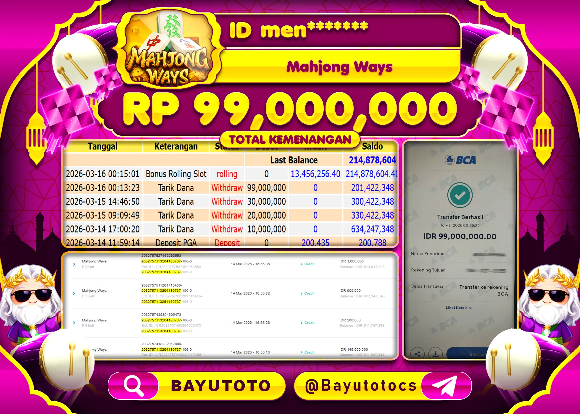SELAMAT MEMBER SETIA BAYUTOTO JACKPOT DI SLOT MAHJONG WAYS (PGSOFT) Rp. 99,000,000 LUNAS