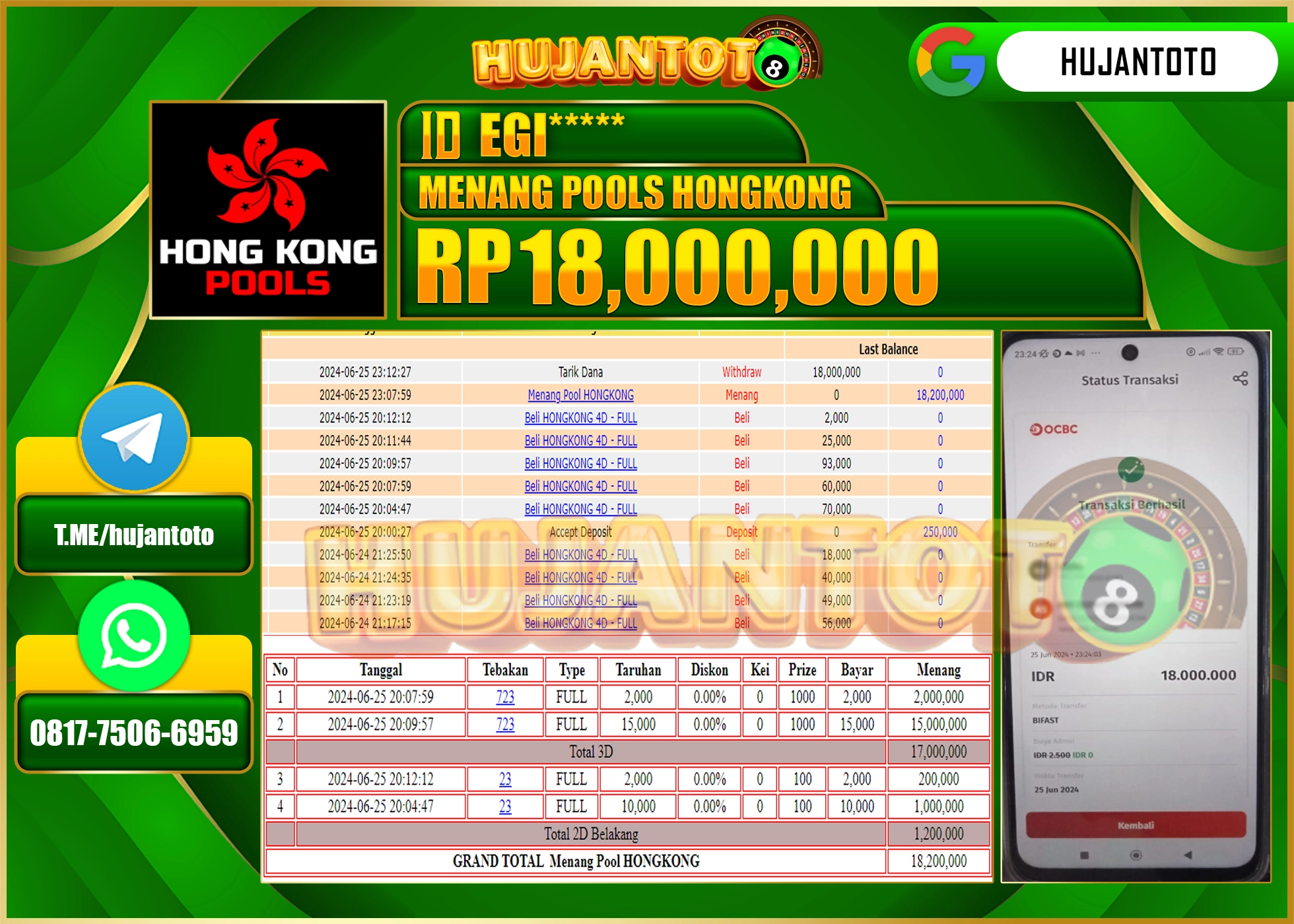 HUJANTOTO MENANG HONGKONG POOLS WD 18.000.000 - LUNAS 