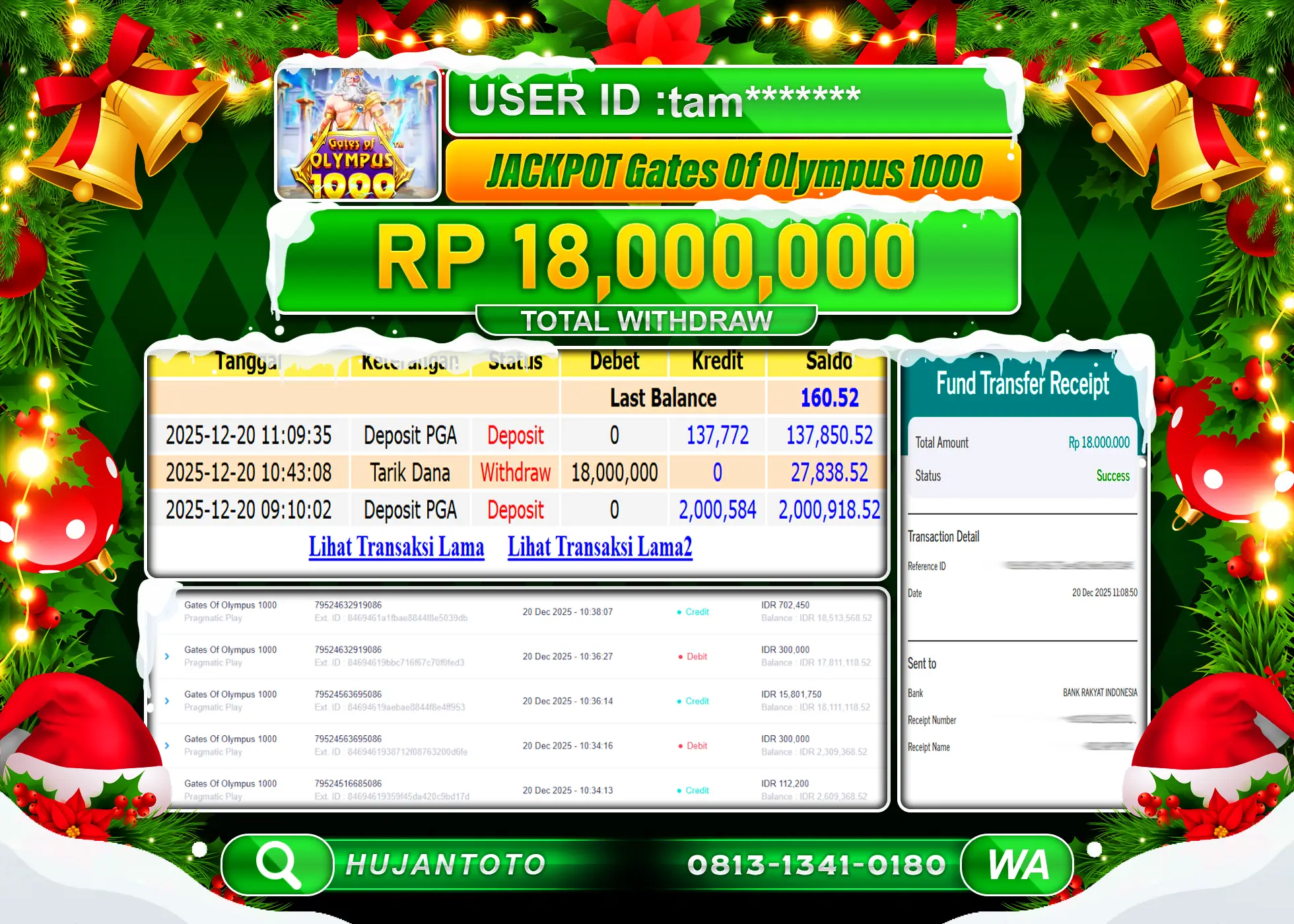 HUJANTOTO - BUKTI JACKPOT MENANG SLOT JACKPOT GATES OF OLYMPUS 1000 Rp.18,000,000 - TERBAYAR LUNAS