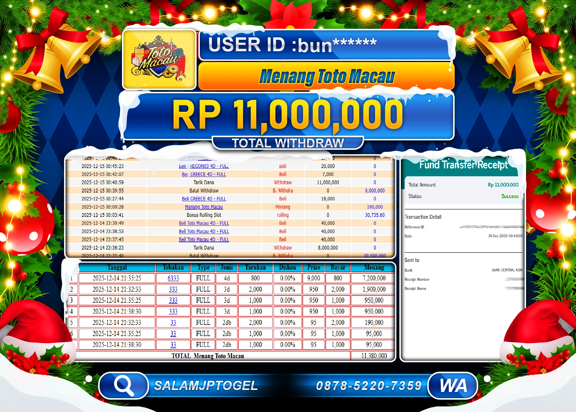 SALAMJPTOGEL MENANG TOTO MACAU 4D Rp.11,000,000 - LUNAS