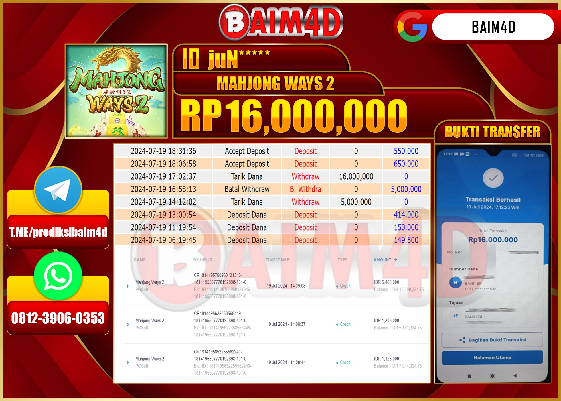 BAIM4D JACKPOT  MAHJONG WAYS 2 Rp.16.000,000.- LUNAS