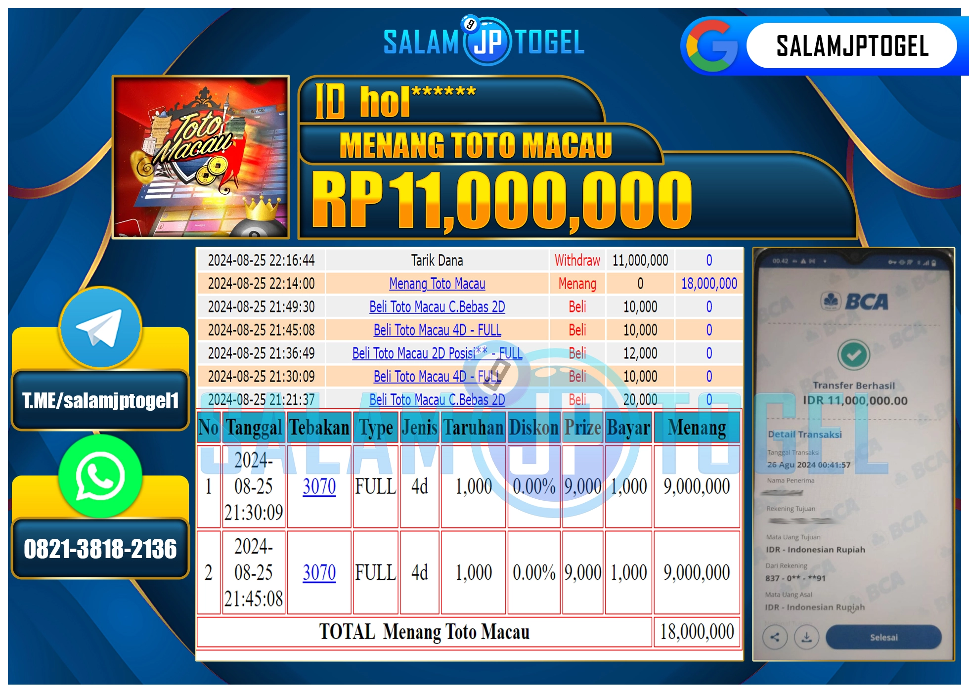 SALAMJPTOGEL MENANG TOTO MACAU RP. 11,000,000 LUNAS