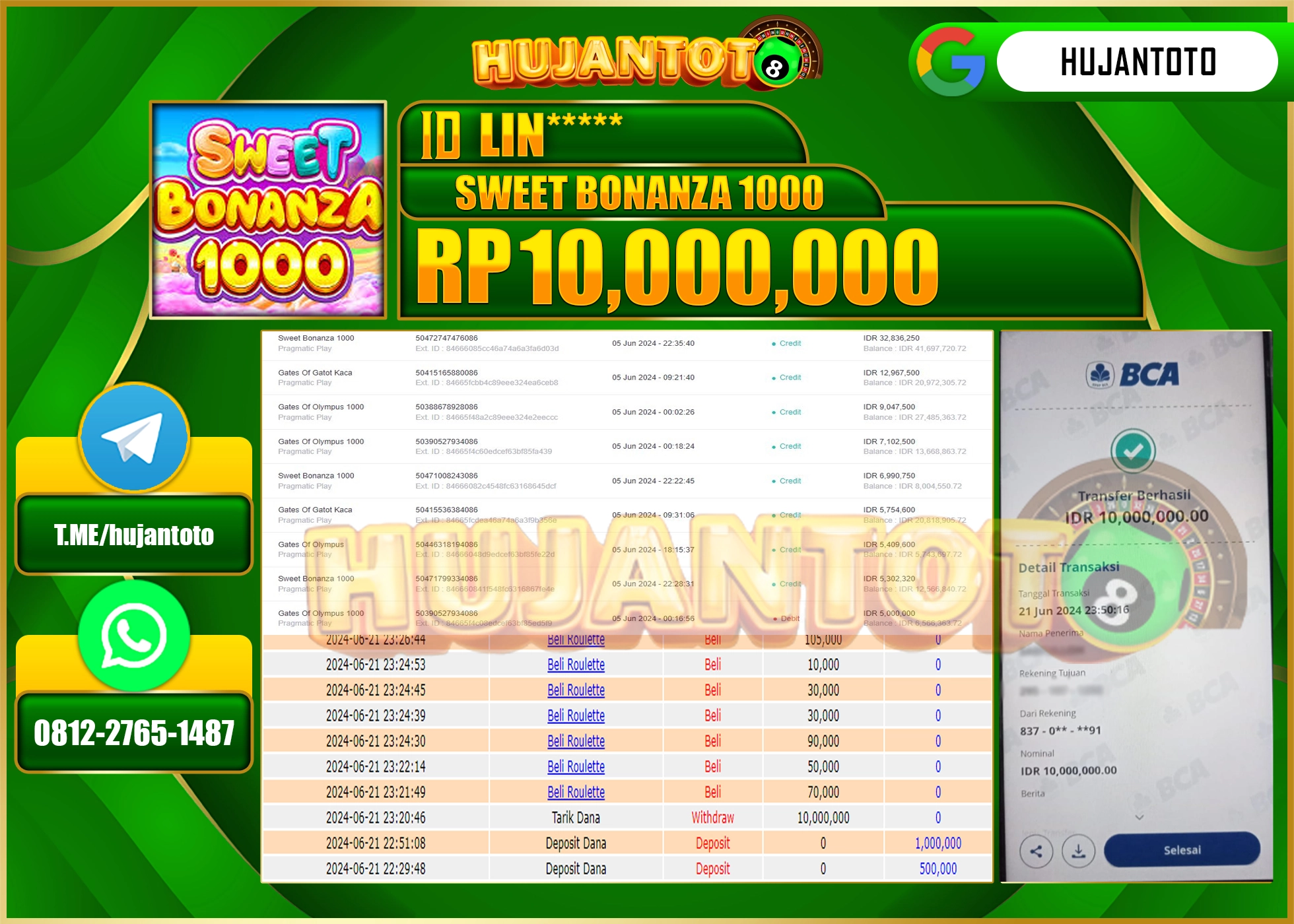 HUJANTOTO MENANG SLOT SWEET BONANZA 1000, WD 10.000.000 - LUNAS 