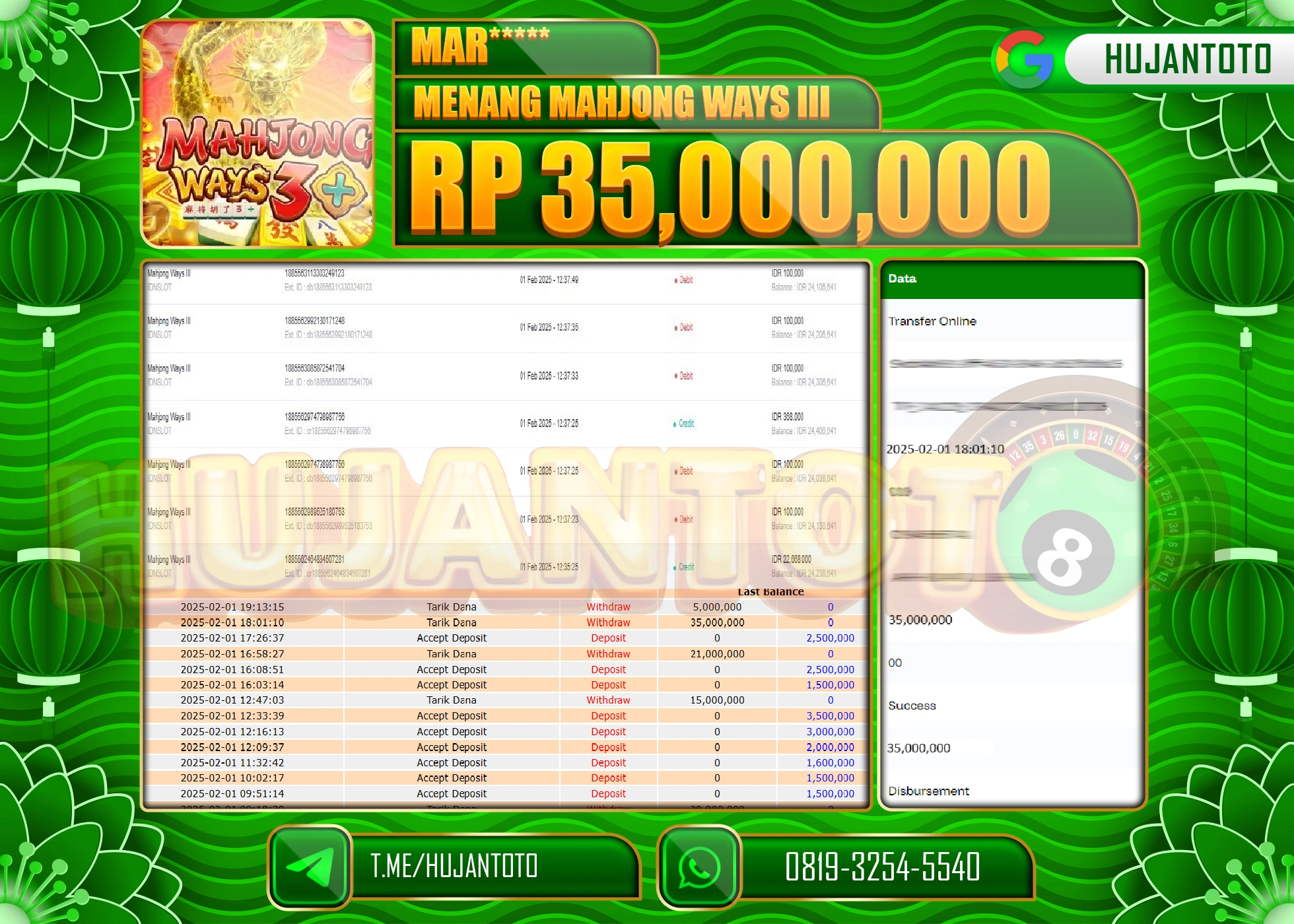 HUJANTOTO - BUKTI JACKPOT MENANG SLOT PG SOFT MAHJONG WAYS 3 Rp,35,000,000 - TERBAYAR LUNAS