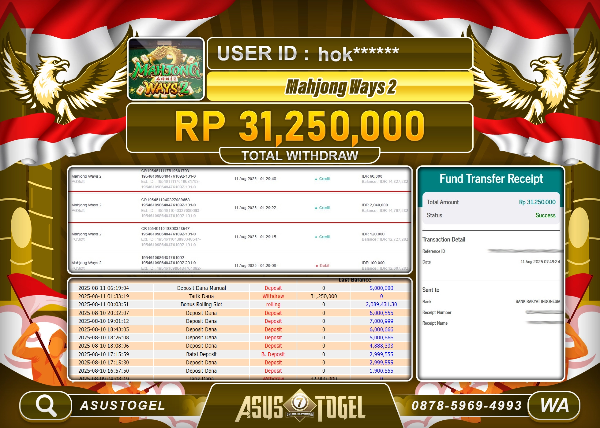 ASUSTOGEL KEMENANGAN DI SLOT MAHJONG WAYS 2 SEBESAR 31,250,000- RUPIAH LUNAS