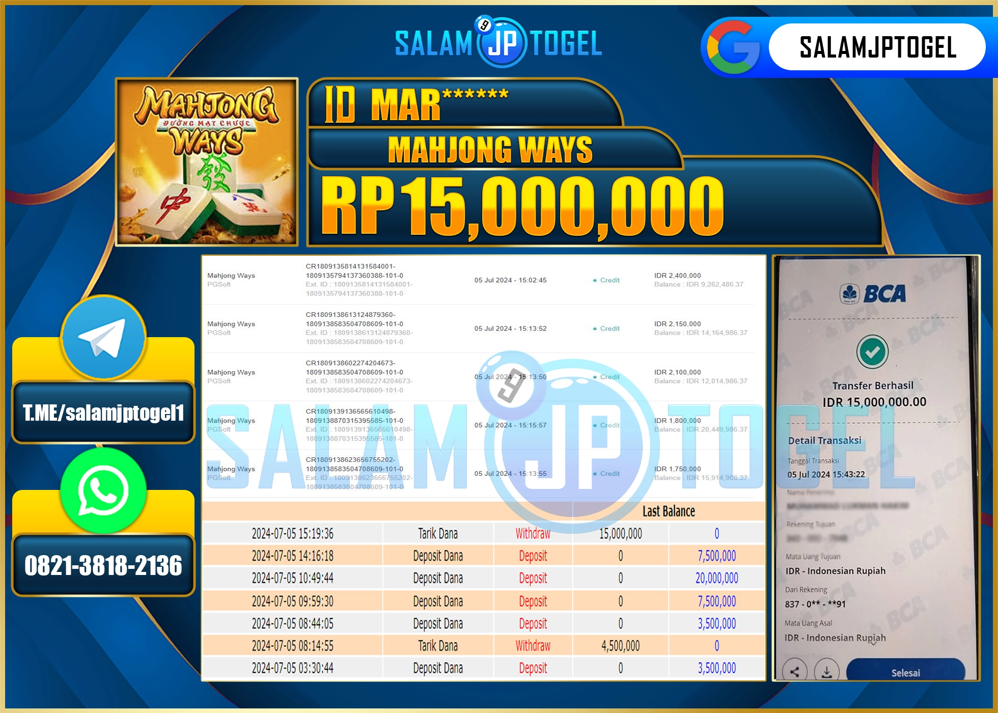 SALAMJPTOGEL MENANG MAHJONG WAYS RP. 15,000,000.,LUNAS