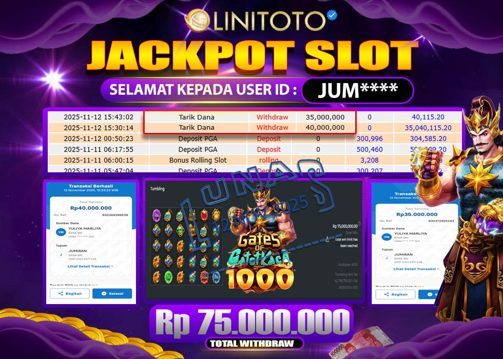 LINITOTO JACKPOT SLOT GATES OF GATOT KACA 1000 Rp.75.000.000- LUNAS