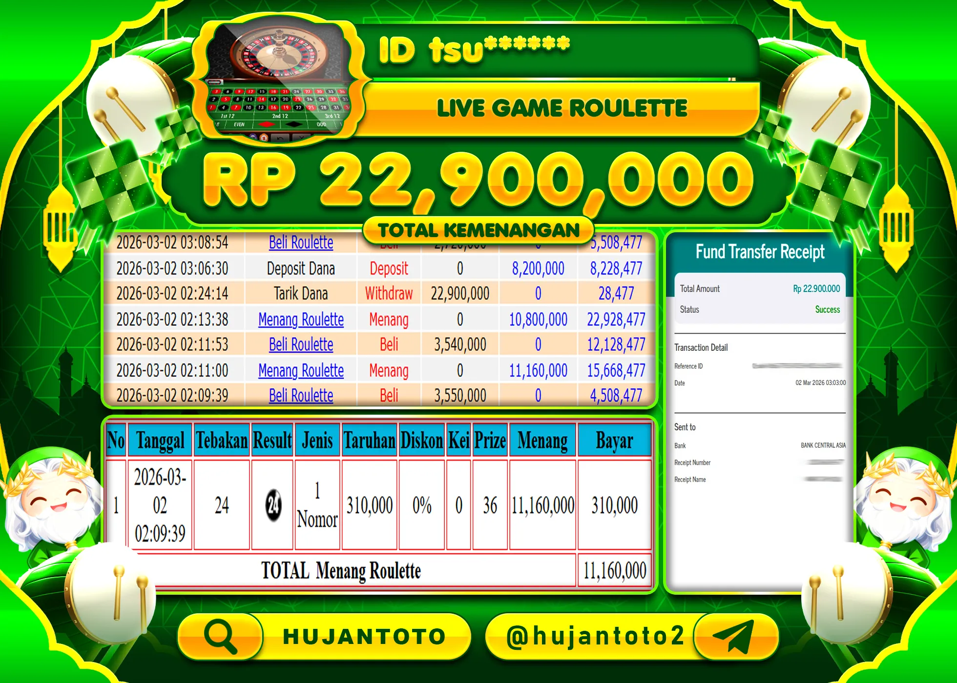HUJANTOTO - BUKTI JACKPOT MENANG LIVE GAME ROULETTE Rp.22,900,000 - TERBAYAR LUNAS