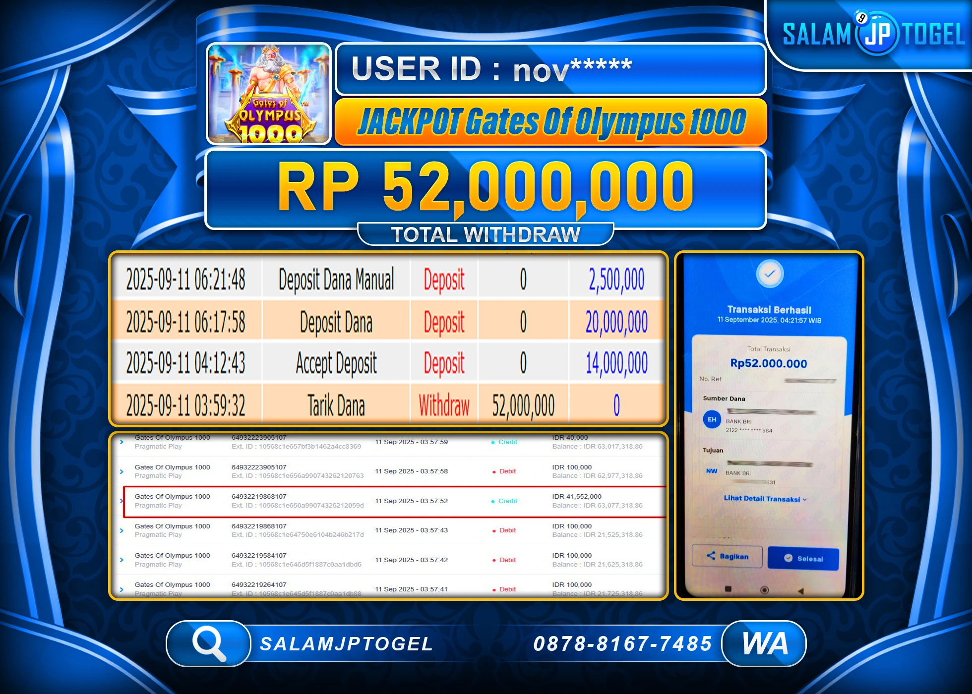 SALAMJPTOGEL MENANG GATES OF OLYMPUS 1000  Rp.52,000,000