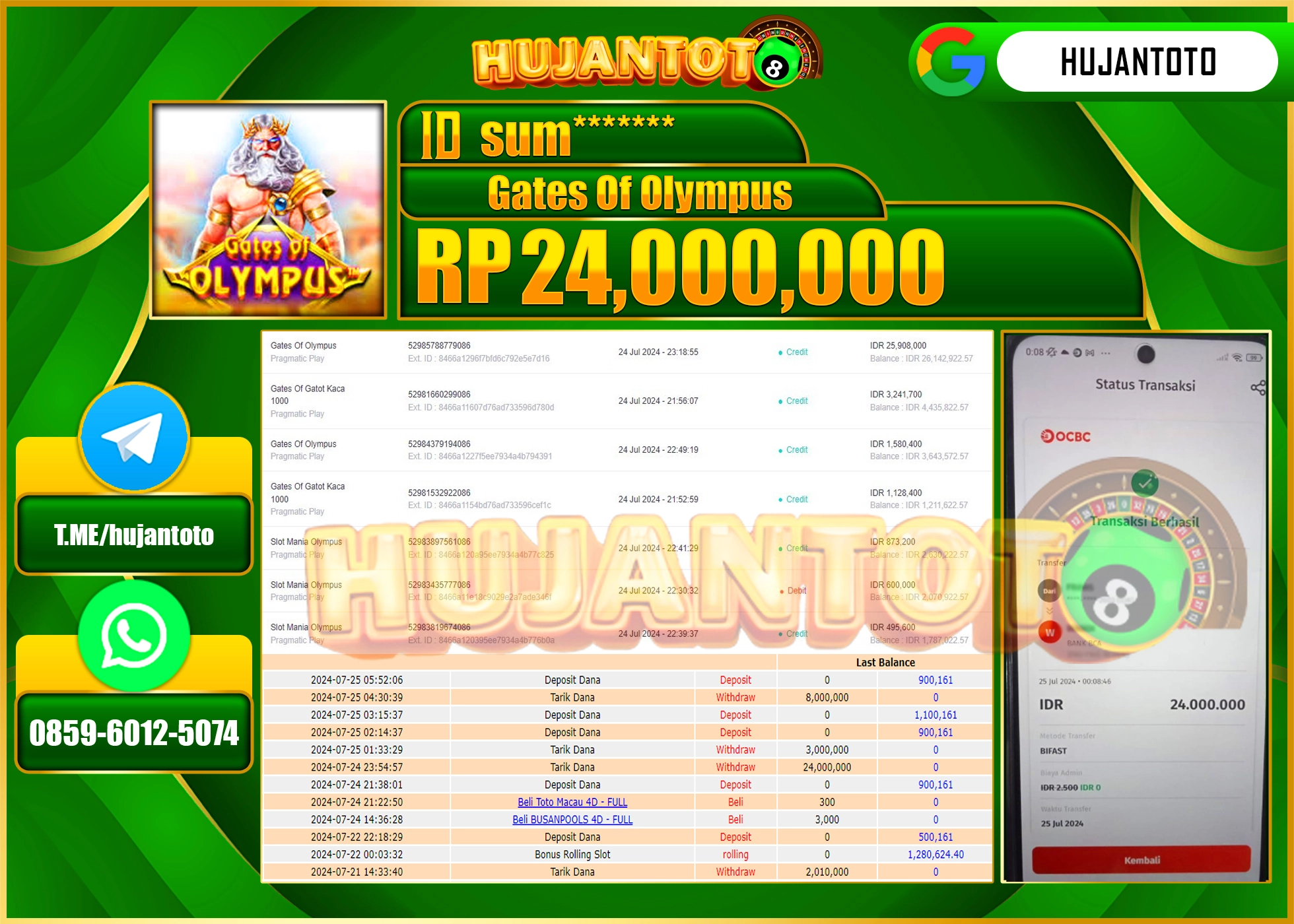 HUJANTOTO MENANG PERMAINAN GATES OF OLYMPUS 24.000.000 - LUNAS 
