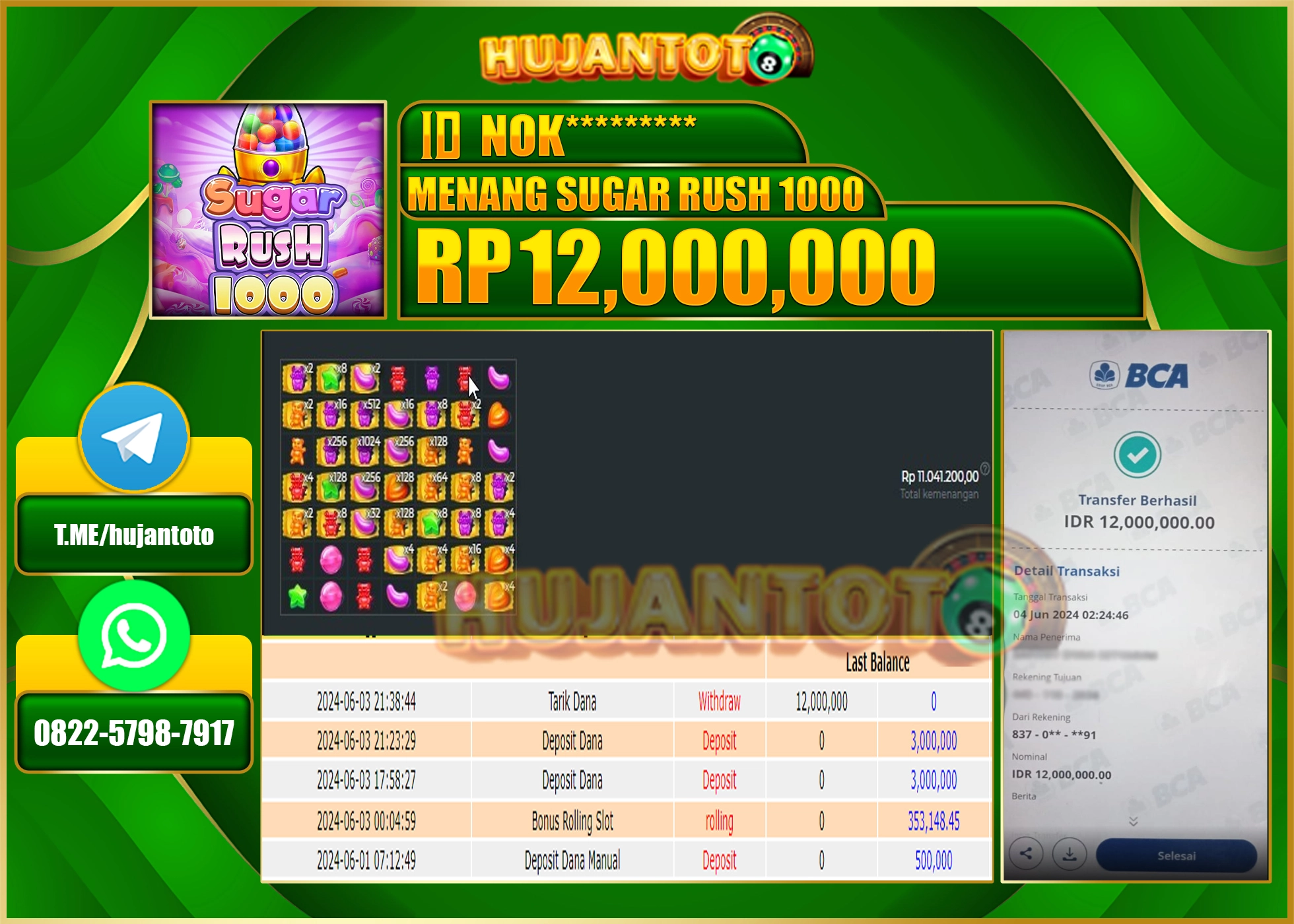 HUJANTOTO MENANG SLOT SUGAR RUSH (1000) 12.000.000 - LUNAS 