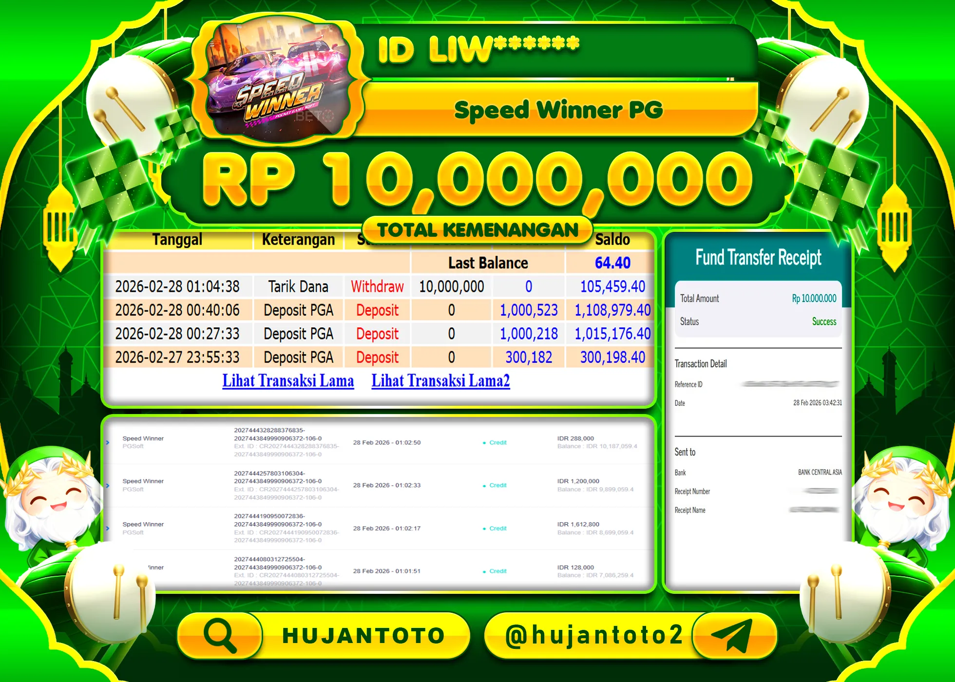 HUJANTOTO - BUKTI JACKPOT MENANG SLOT SPEED WINNER - PGSOFT Rp.10,000,000 - TERBAYAR LUNAS