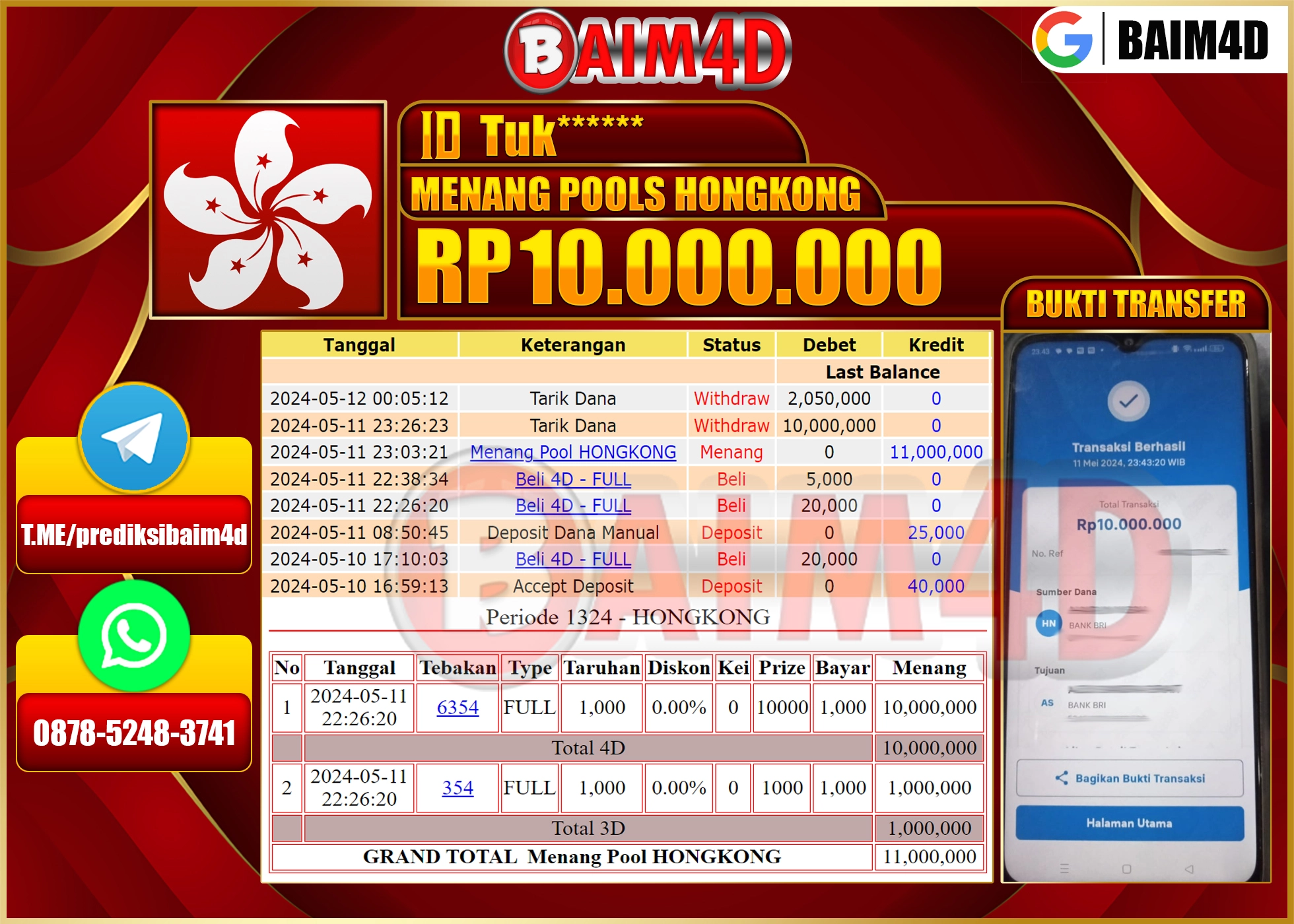 BAIM4D JACKPOT POOLS HONGKONG  Rp.10,000,000.,- LUNAS