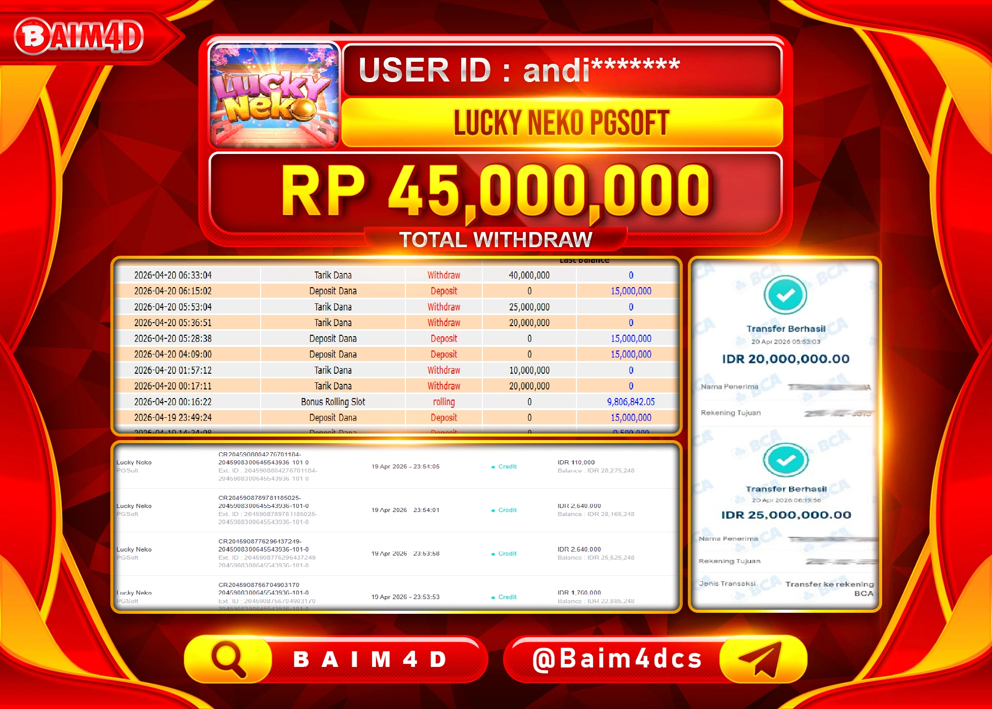 BAIM4D JACKPOT SLOT LUCKY NEKO PG SOFT Rp.45,000,000 - LUNAS