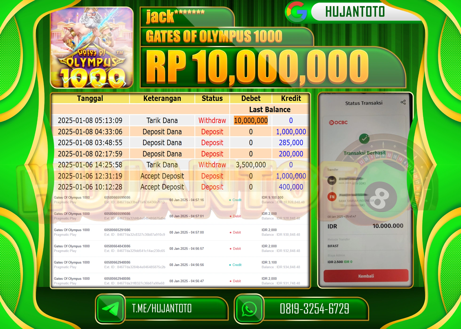 HUJANTOTO - BUKTI JACKPOT DI PERMAINAN GATES OF OLYMPUS 1000 Rp,10,000,000   ,- TERBAYAR LUNAS