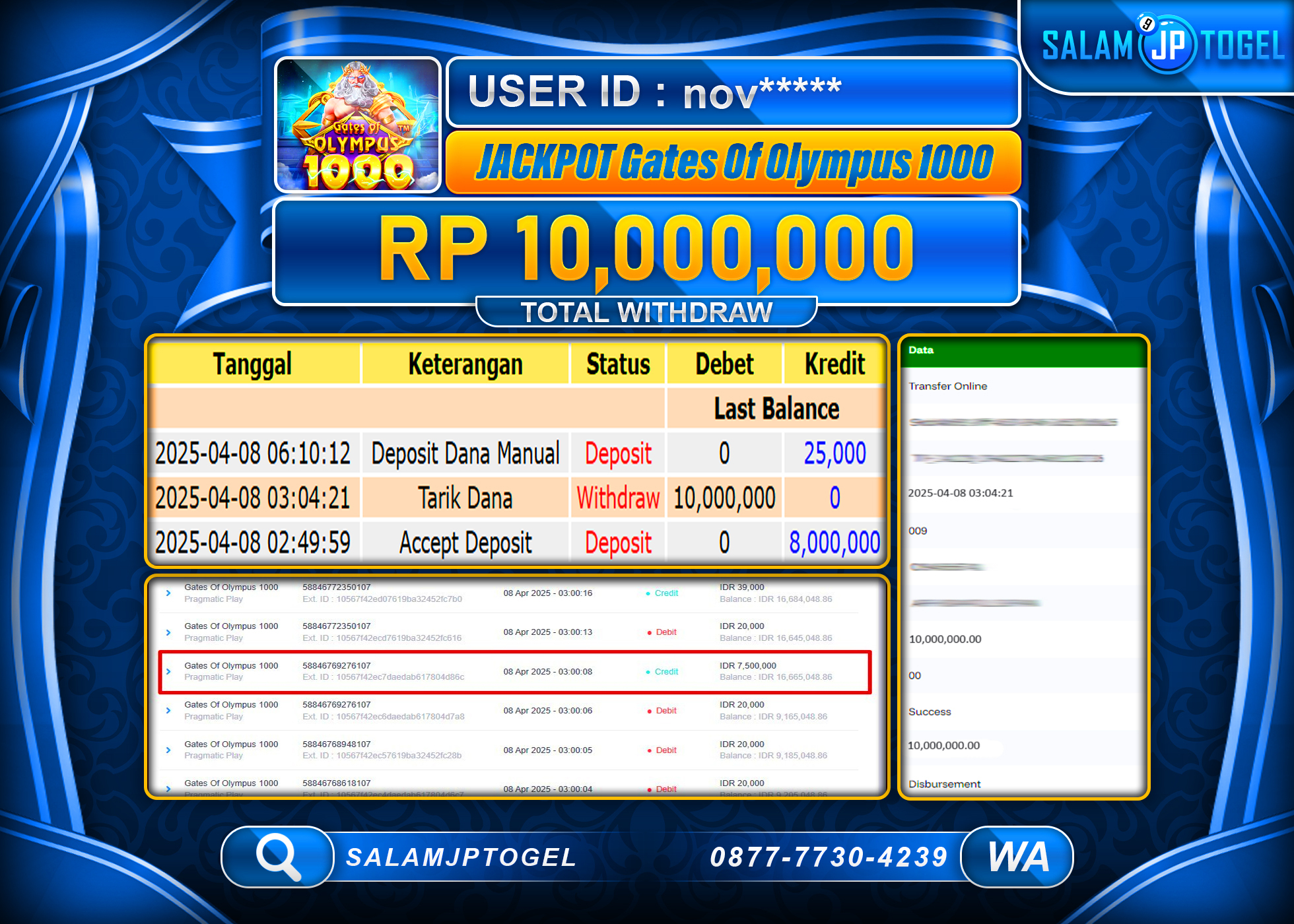 SALAMJPTOGEL MENANG GATES OF OLYMPUS 1000 Rp. 10,000,000 LUNAS