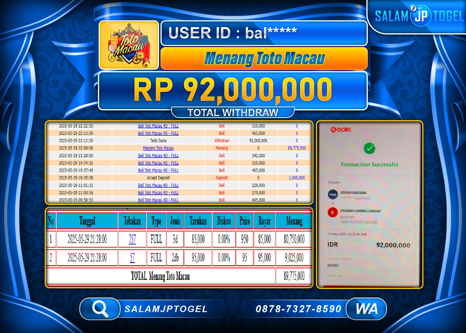 SALAMJPTOGEL MENANG TOTO MACAU 4D Rp.92,000,000 LUNAS