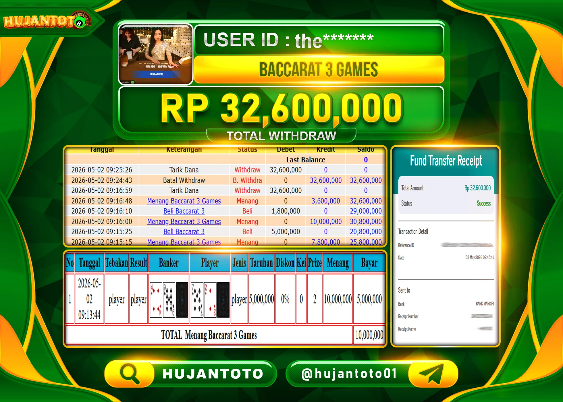 HUJANTOTO - BUKTI JACKPOT MENANG LIVEGAMES BACCARAT 3 GAME  Rp.32,600,000 - TERBAYAR LUNAS