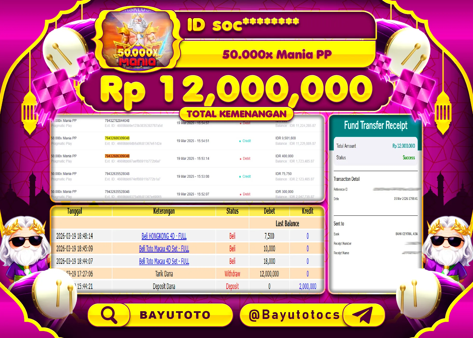 SELAMAT MEMBER SETIA BAYUTOTO JACKPOT DI SLOT 5000x MANIA - PRAGMATIC PLAY Rp. 12,000,000 LUNAS