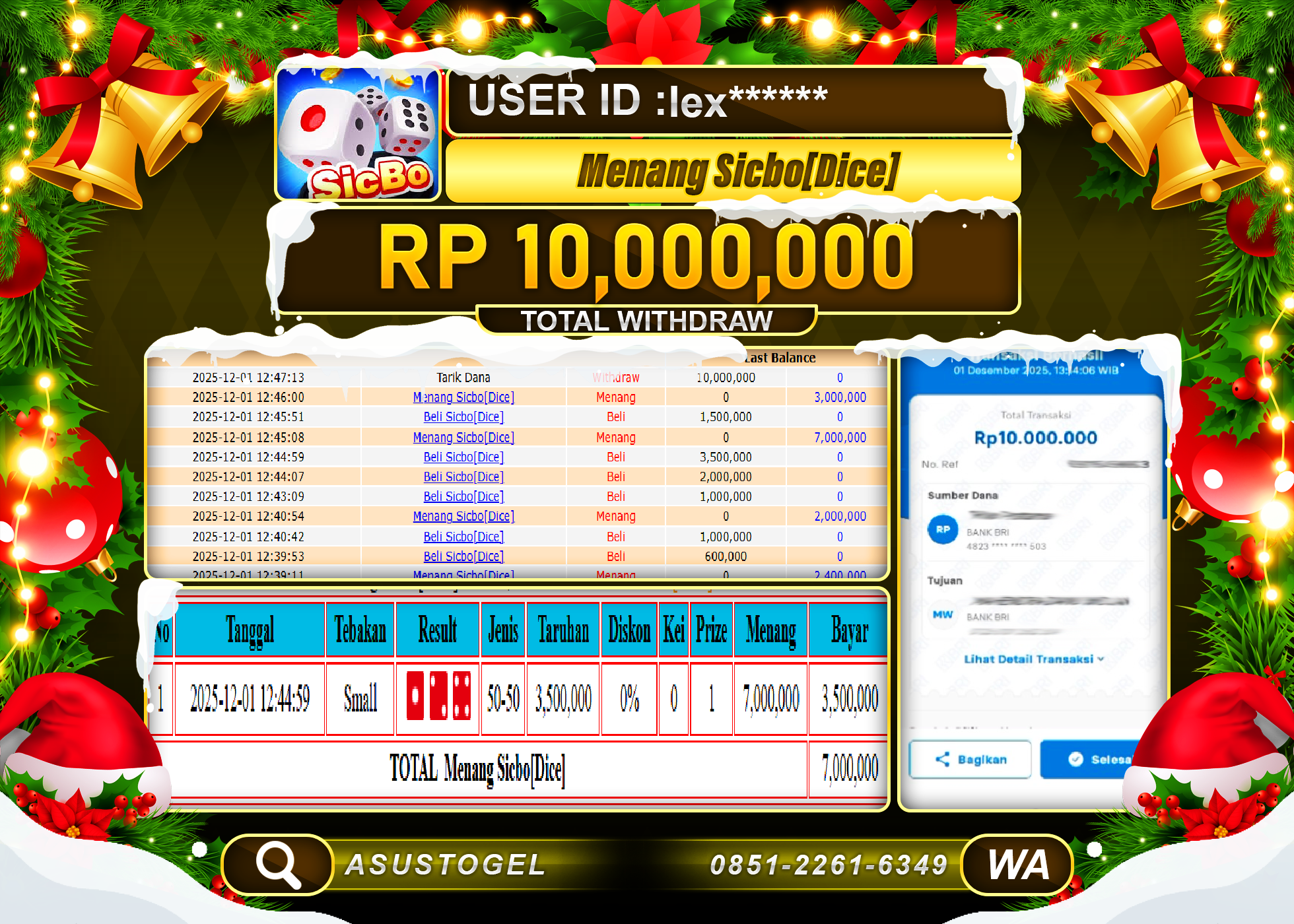 ASUSTOGEL KEMENANGAN DI LIVEGAME SICBO [DICE] GAMES SEBESAR10,000,000 - RUPIAH LUNAS