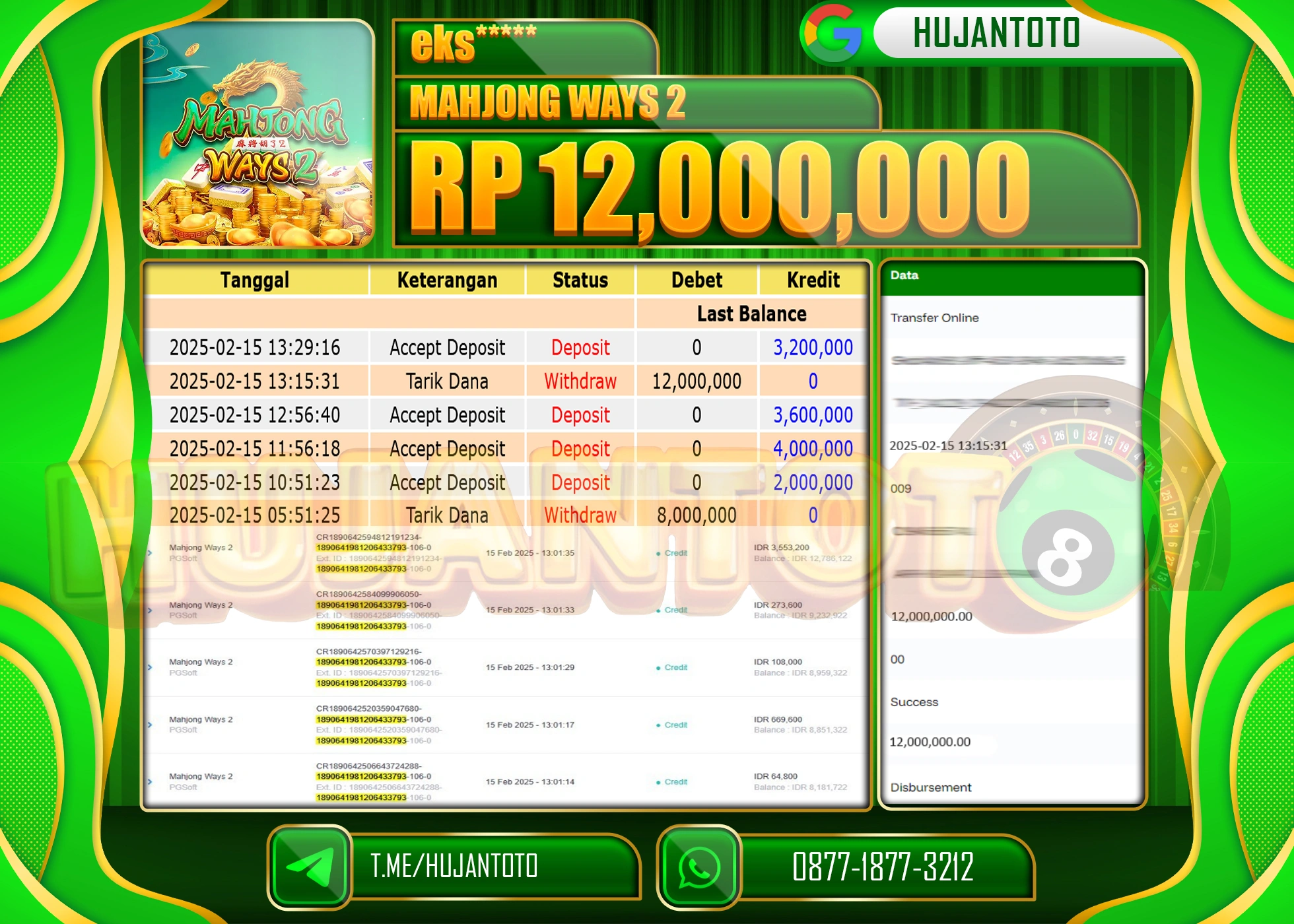 HUJANTOTO - BUKTI JACKPOT MENANG SLOT MAHJONG WAYS 2 Rp,12.000,000 - TERBAYAR LUNAS