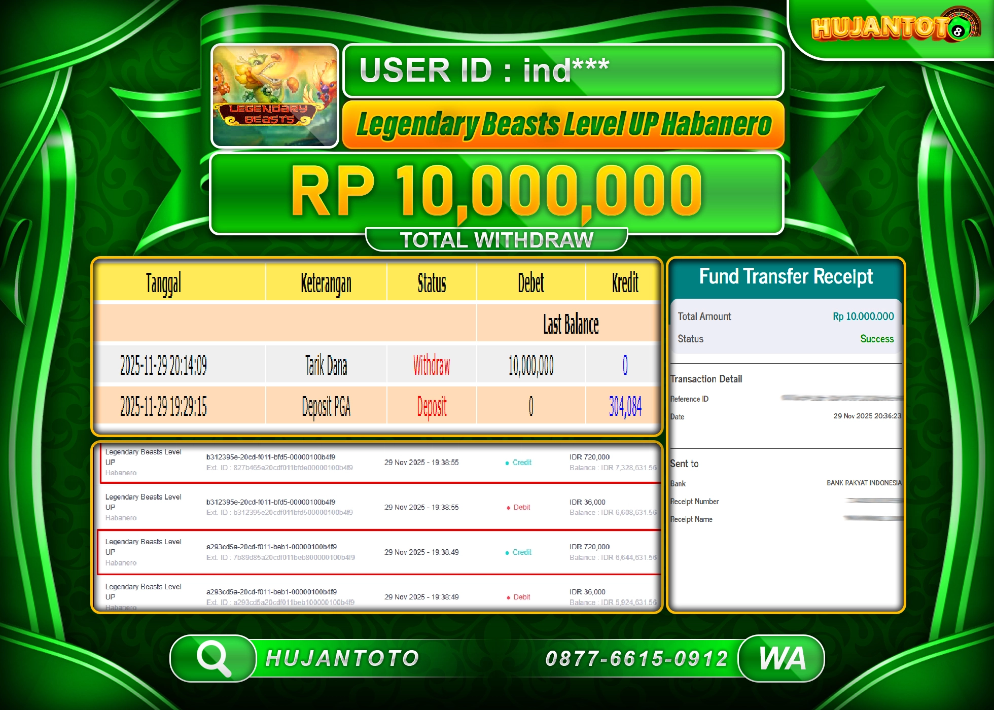 HUJANTOTO - BUKTI JACKPOT LEGENDARY BEASTS LEVEL UP HABANERO  Rp.10,000,000 - TERBAYAR LUNAS