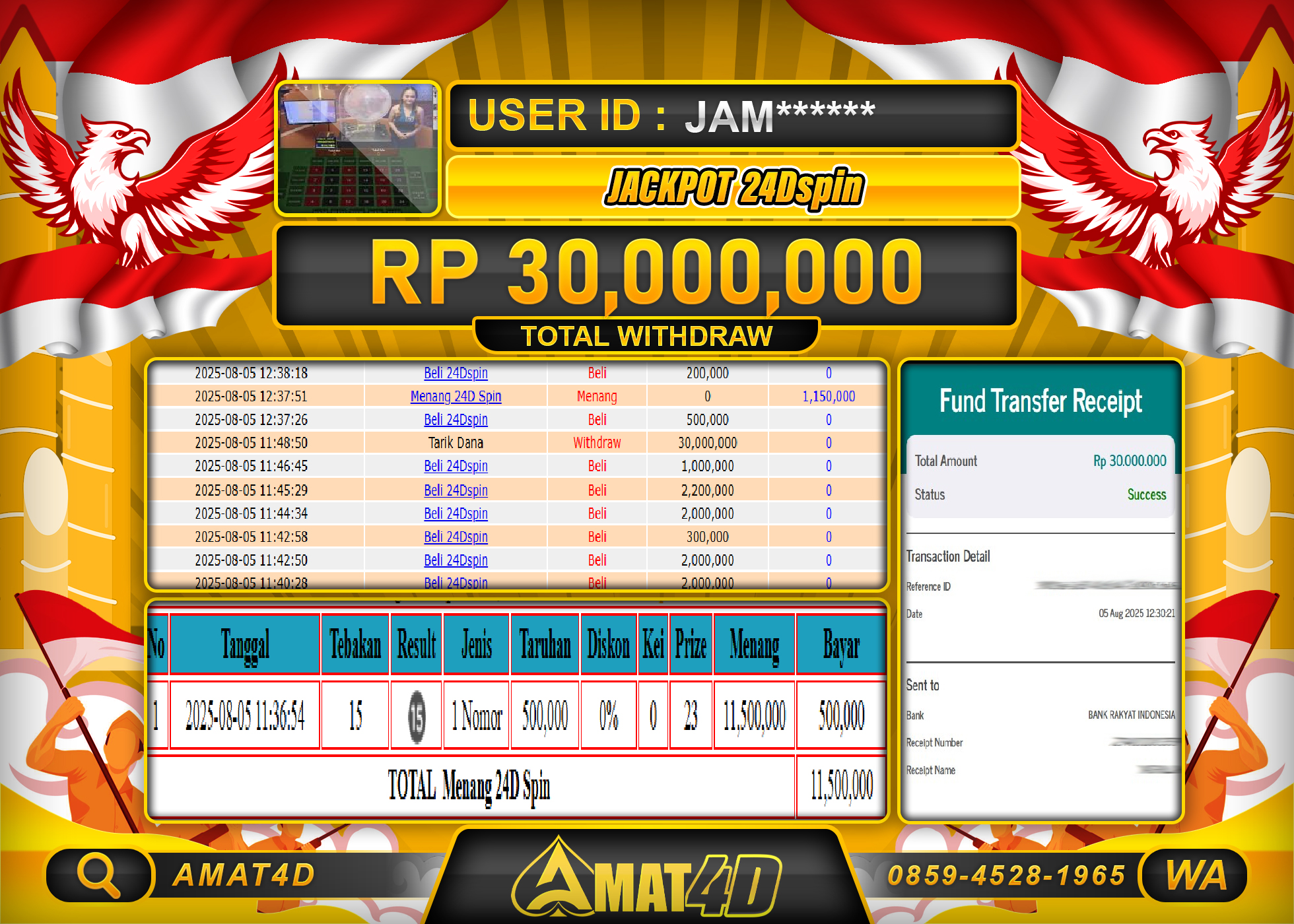 AMAT4D KEMENANGAN LIVE CASINO 24DSPIN Rp.30.000.000 BERHASIL TERBAYAR LUNAS
