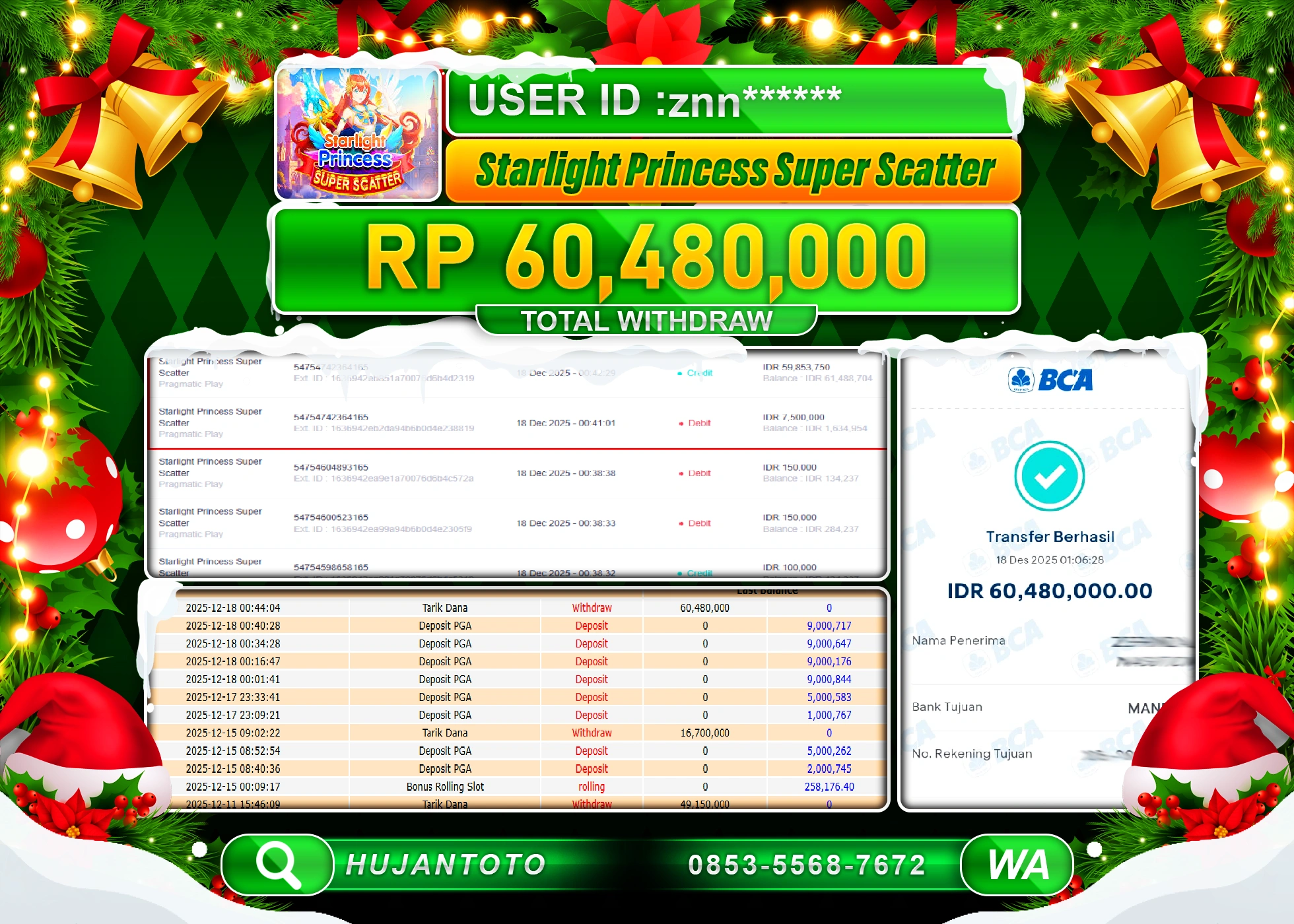 HUJANTOTO - BUKTI JACKPOT MENANG SLOT STARLIGHT PRINCESS SUPER SCATTER Rp.60,480,000 - TERBAYAR LUNAS